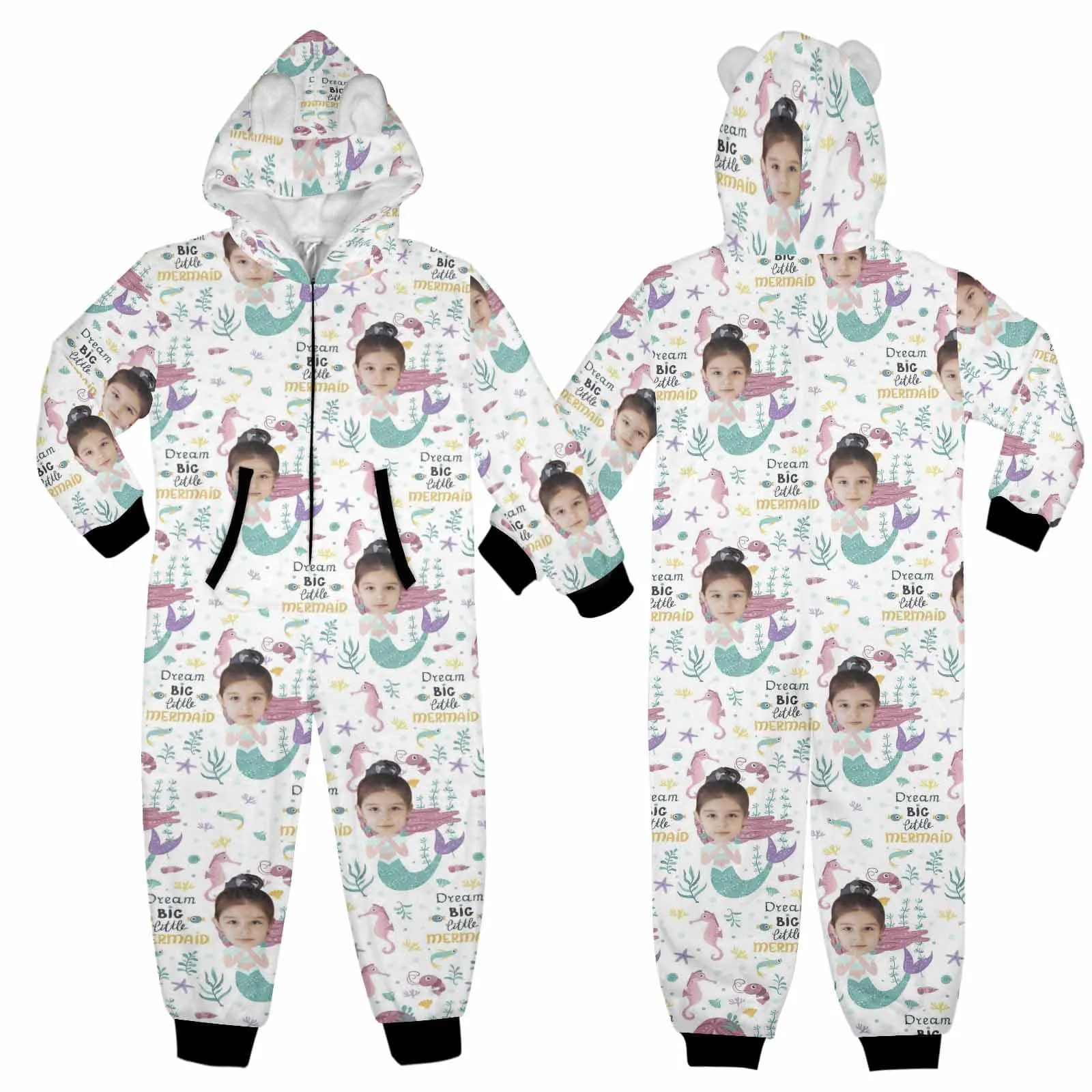 #For 2-15Y-Custom Face Mermaid Children's Coral Fleece Comfortable And Warm Zipper Onesie Pajamas One Piece Sleepwear