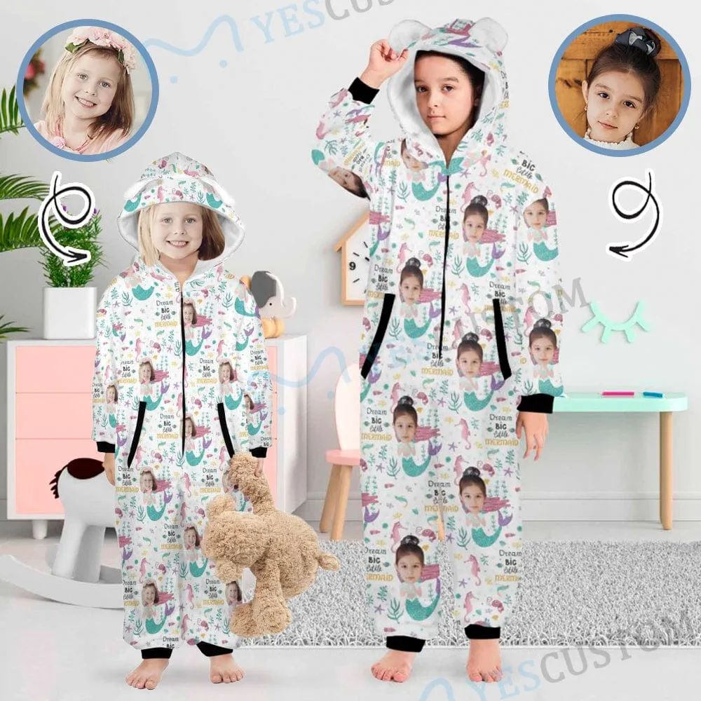 #For 2-15Y-Custom Face Mermaid Children's Coral Fleece Comfortable And Warm Zipper Onesie Pajamas One Piece Sleepwear