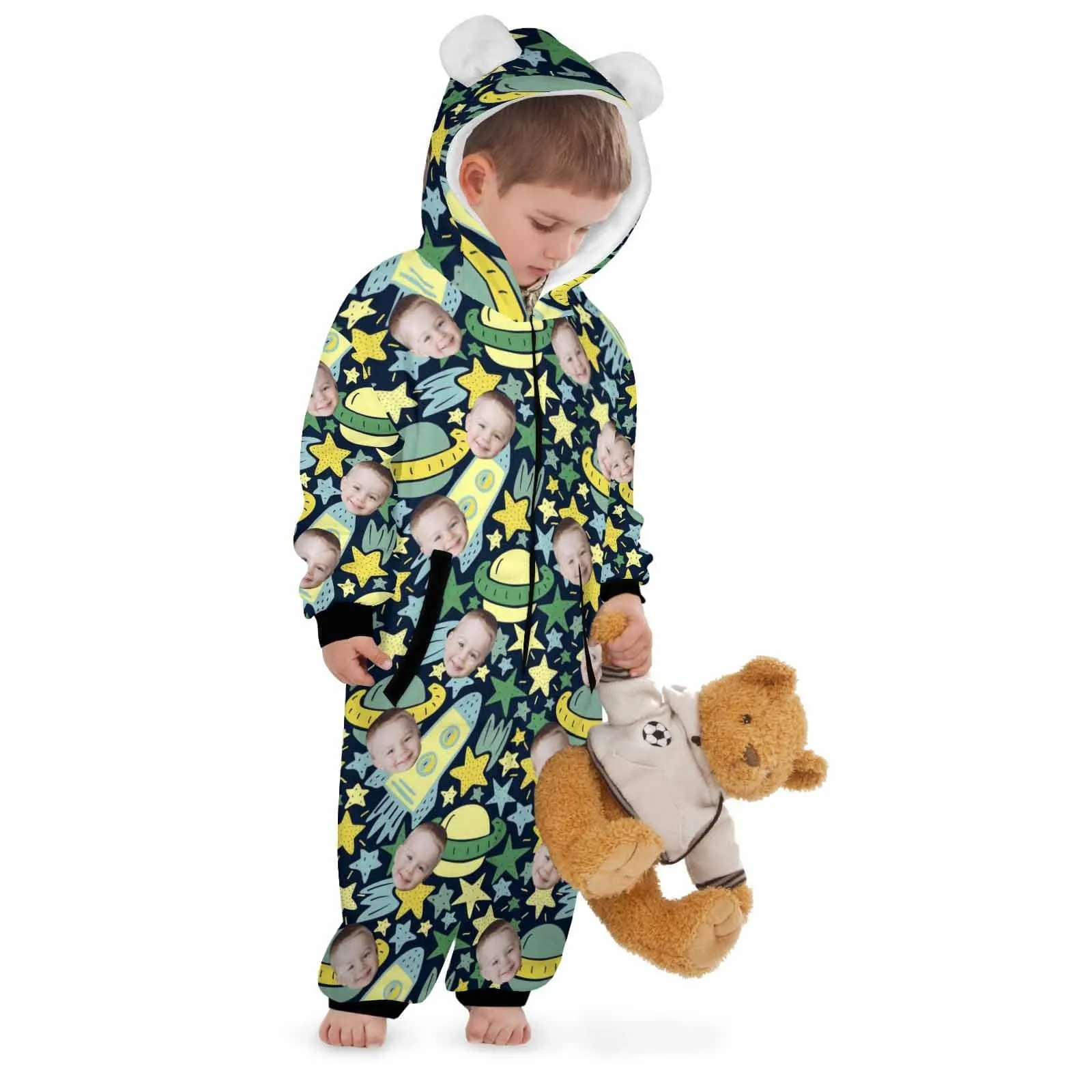 #For 2-15Y-Custom Face Spaceship Children's Coral Fleece Comfortable And Warm Zipper Onesie Pajamas One Piece Sleepwear