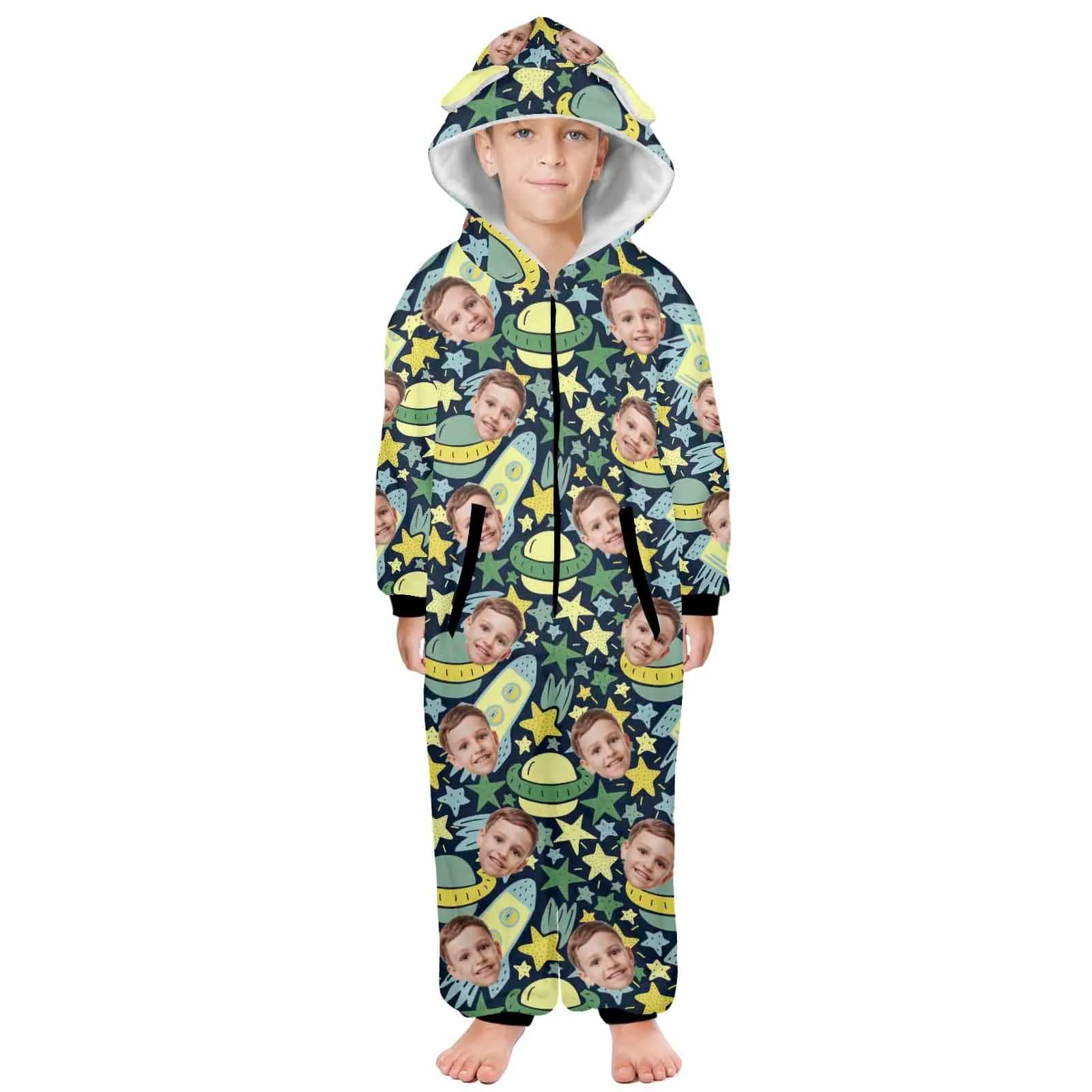 #For 2-15Y-Custom Face Spaceship Children's Coral Fleece Comfortable And Warm Zipper Onesie Pajamas One Piece Sleepwear