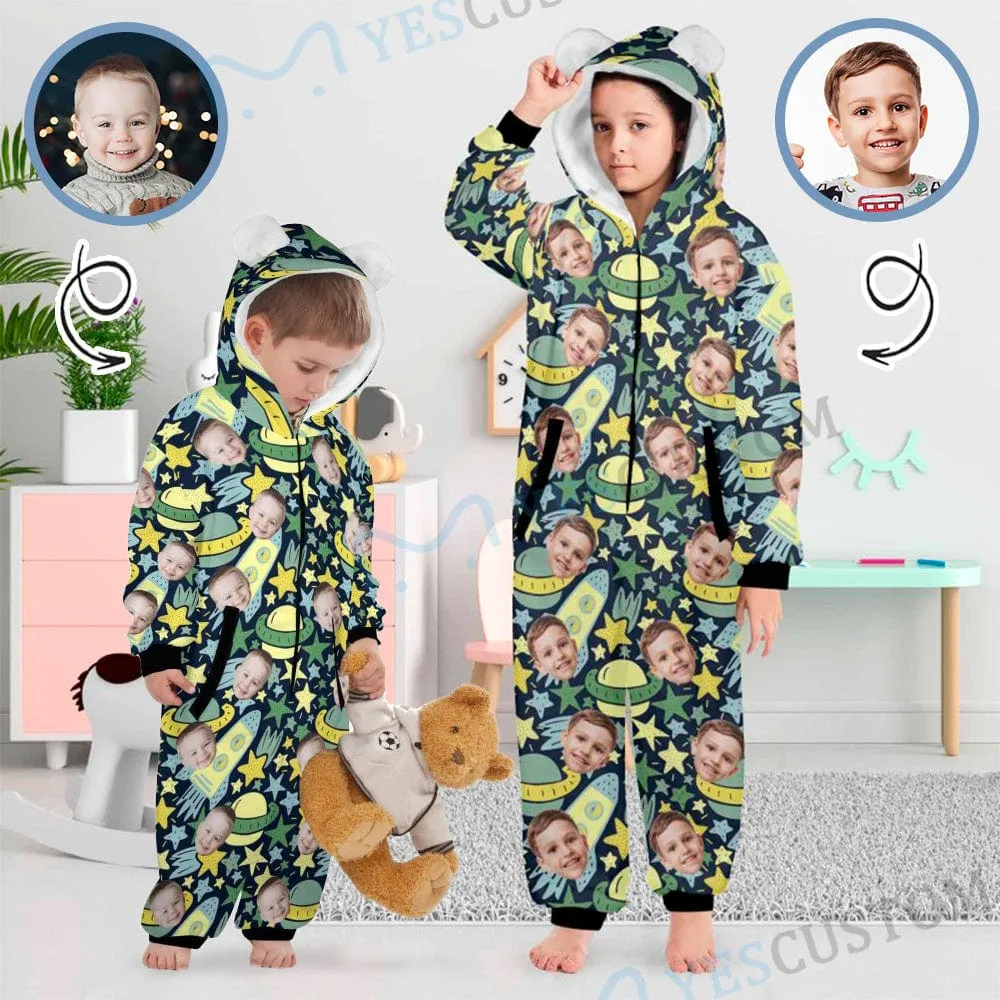 #For 2-15Y-Custom Face Spaceship Children's Coral Fleece Comfortable And Warm Zipper Onesie Pajamas One Piece Sleepwear