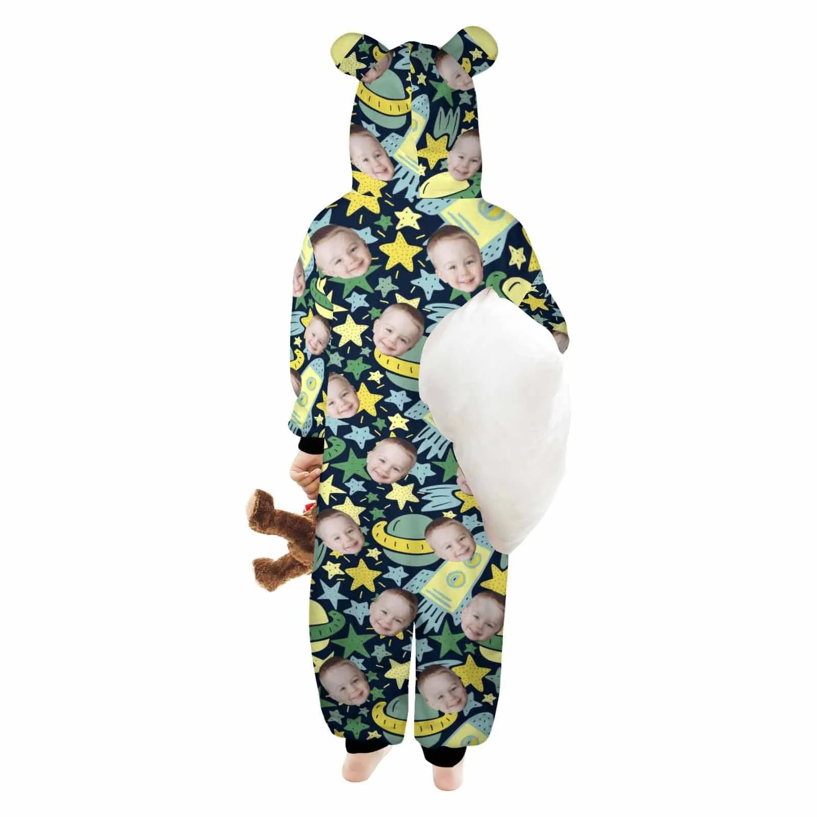 #For 2-15Y-Custom Face Spaceship Children's Coral Fleece Comfortable And Warm Zipper Onesie Pajamas One Piece Sleepwear