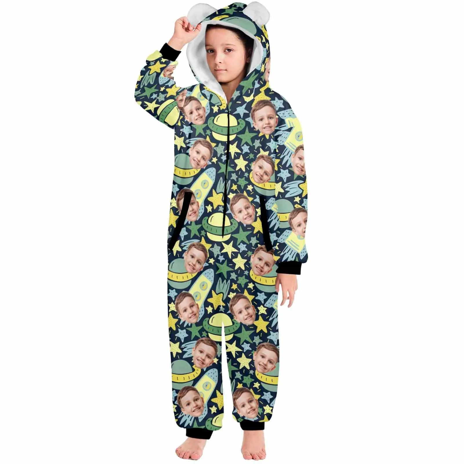 #For 2-15Y-Custom Face Spaceship Children's Coral Fleece Comfortable And Warm Zipper Onesie Pajamas One Piece Sleepwear