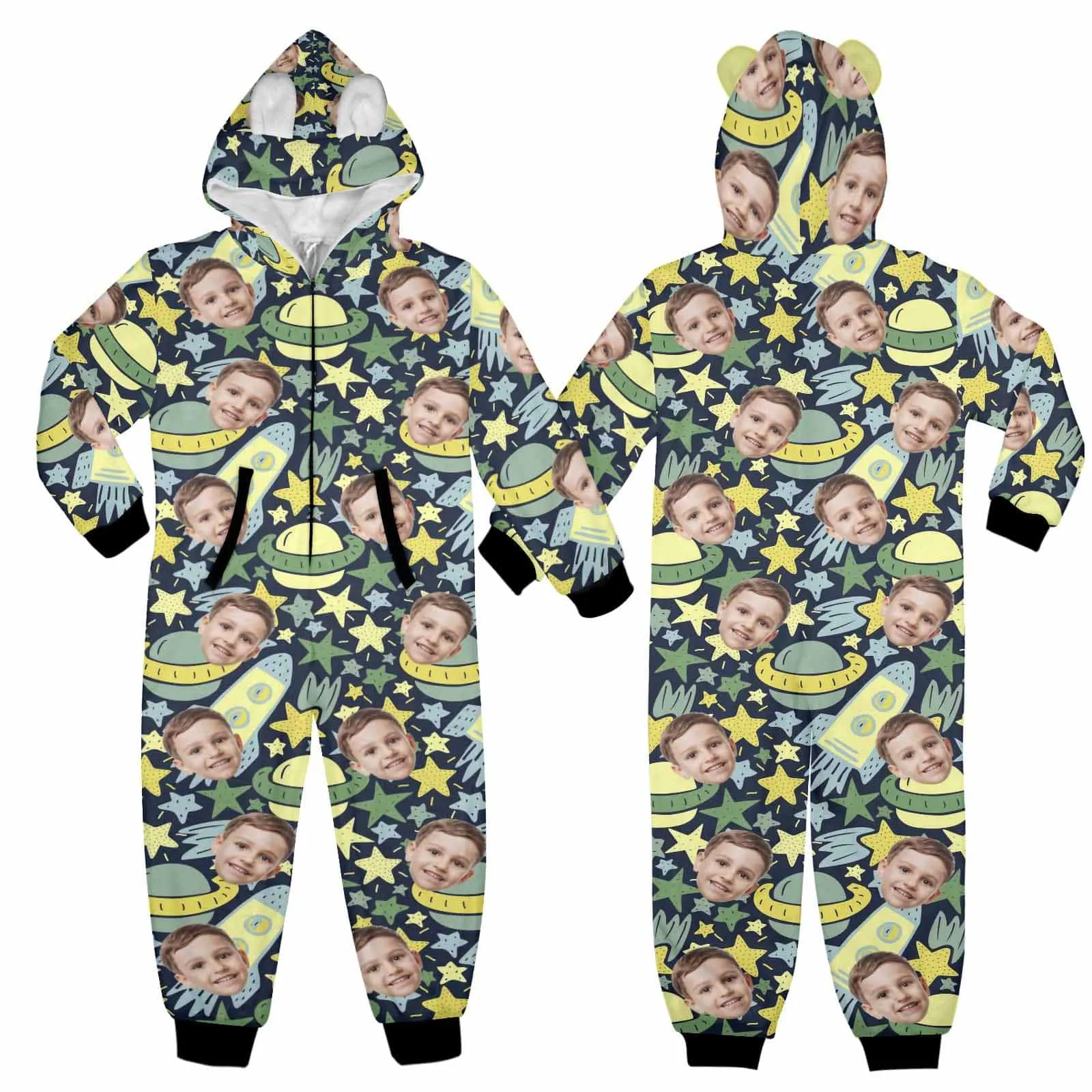 #For 2-15Y-Custom Face Spaceship Children's Coral Fleece Comfortable And Warm Zipper Onesie Pajamas One Piece Sleepwear