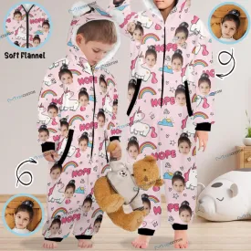 #For 2-15Y-Custom Face Unicorn Children's Coral Fleece Comfortable And Warm Zipper Onesie Pajamas One Piece Sleepwear