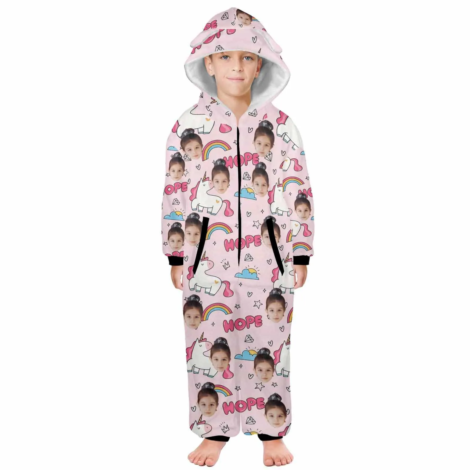 #For 2-15Y-Custom Face Unicorn Children's Coral Fleece Comfortable And Warm Zipper Onesie Pajamas One Piece Sleepwear