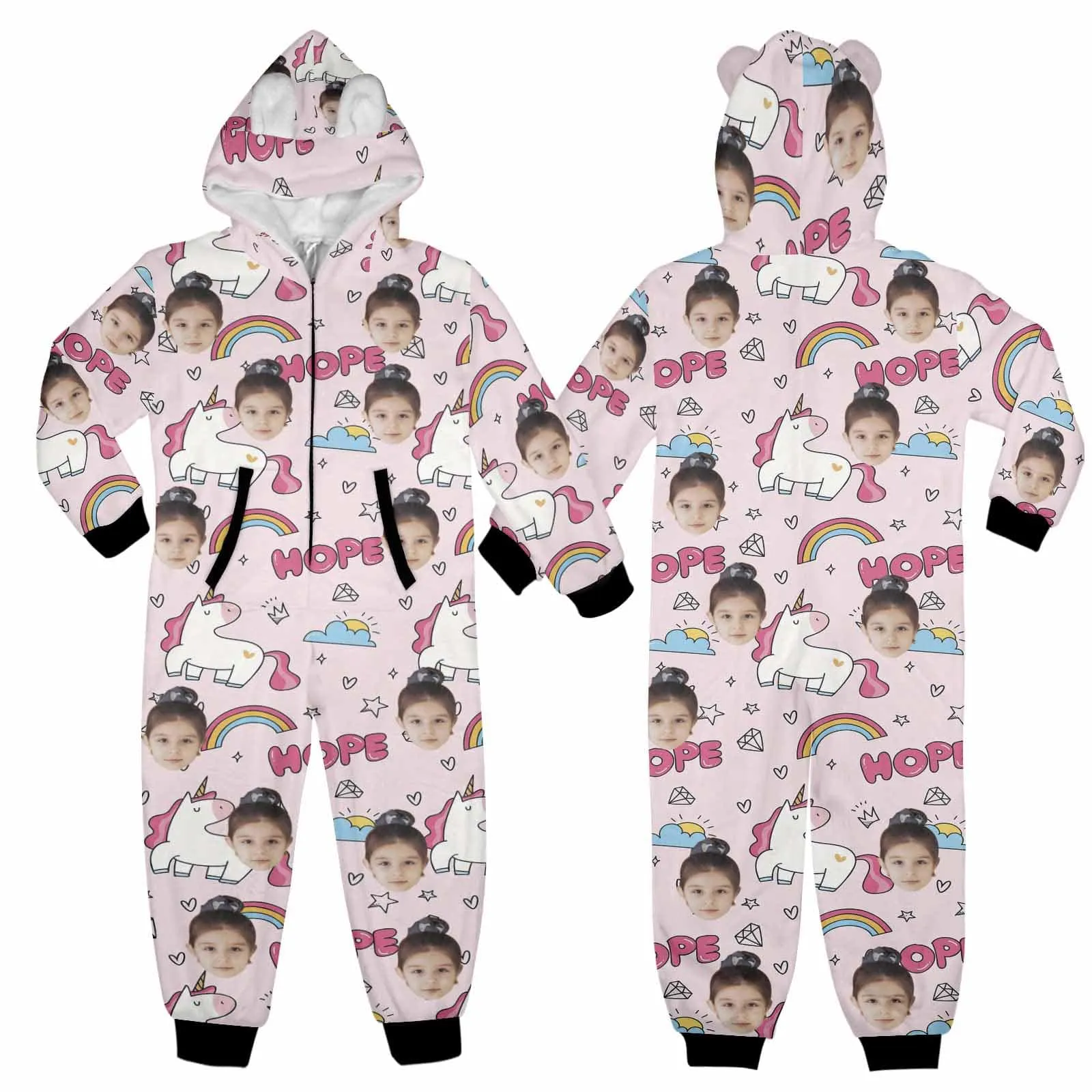 #For 2-15Y-Custom Face Unicorn Children's Coral Fleece Comfortable And Warm Zipper Onesie Pajamas One Piece Sleepwear