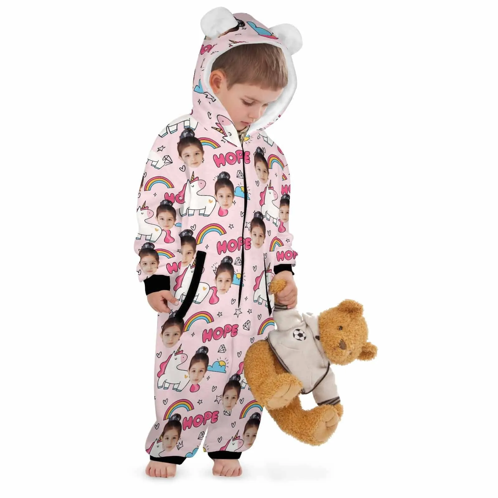 #For 2-15Y-Custom Face Unicorn Children's Coral Fleece Comfortable And Warm Zipper Onesie Pajamas One Piece Sleepwear