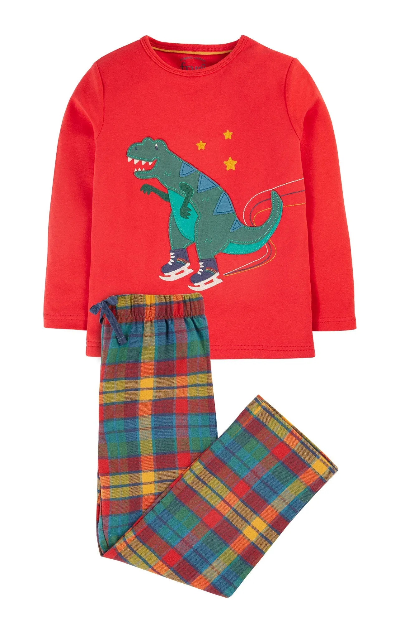 Frugi Caden Check PJs - Merry Rainbow Check/Dinosaur