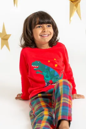 Frugi Caden Check PJs - Merry Rainbow Check/Dinosaur