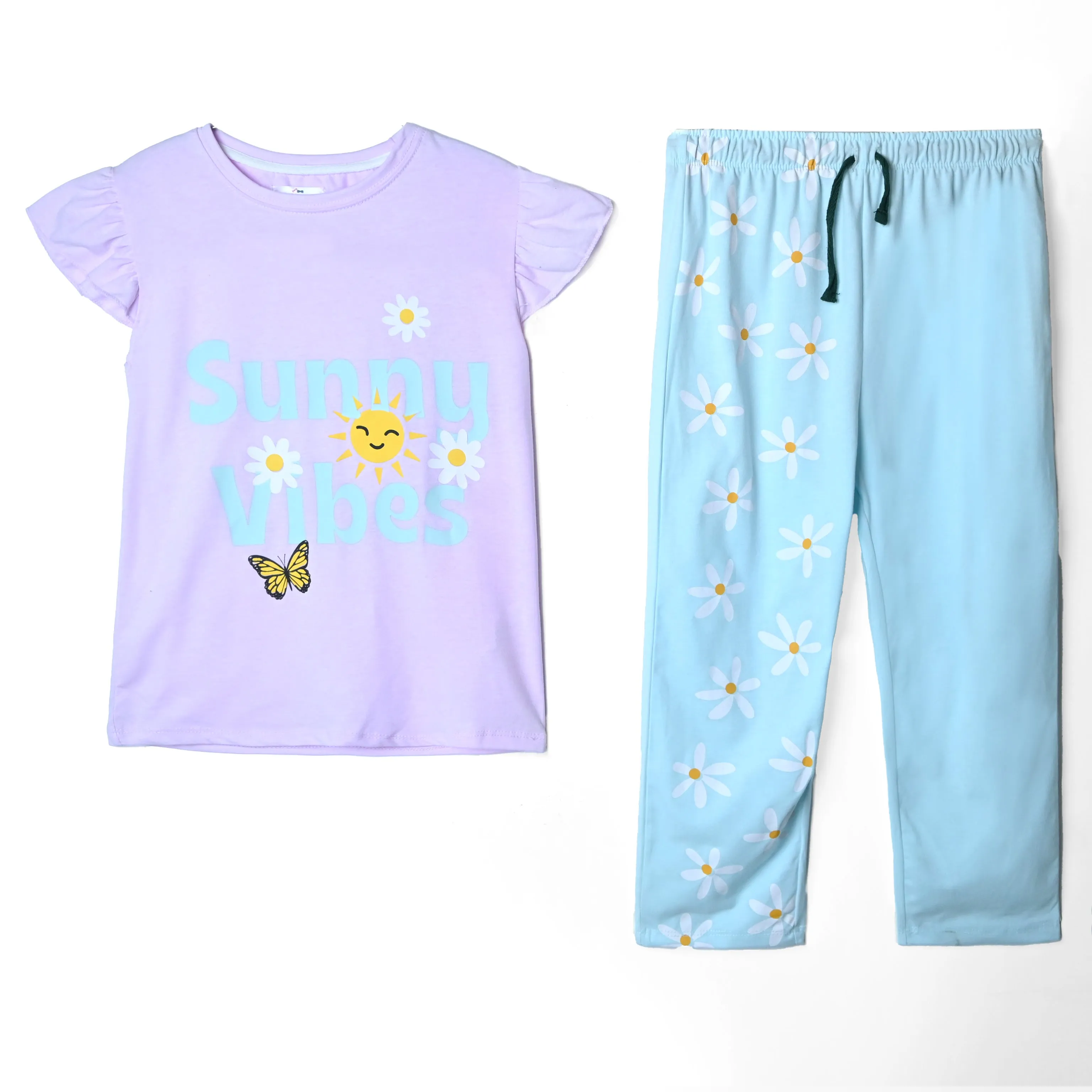 Girls "Sunny Vibes" Printed Soft Cotton Frill Suit