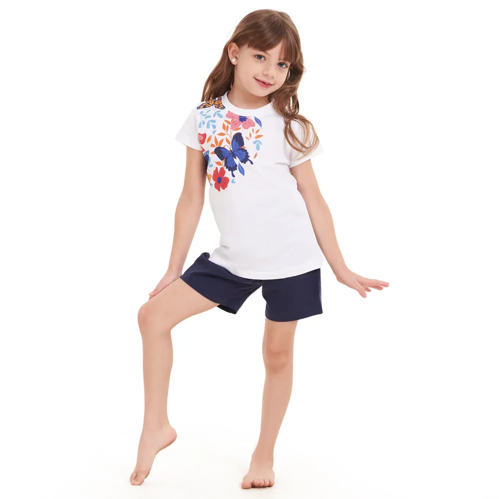 Girls summer pajama set Flowers t-shirt   Navy shorts