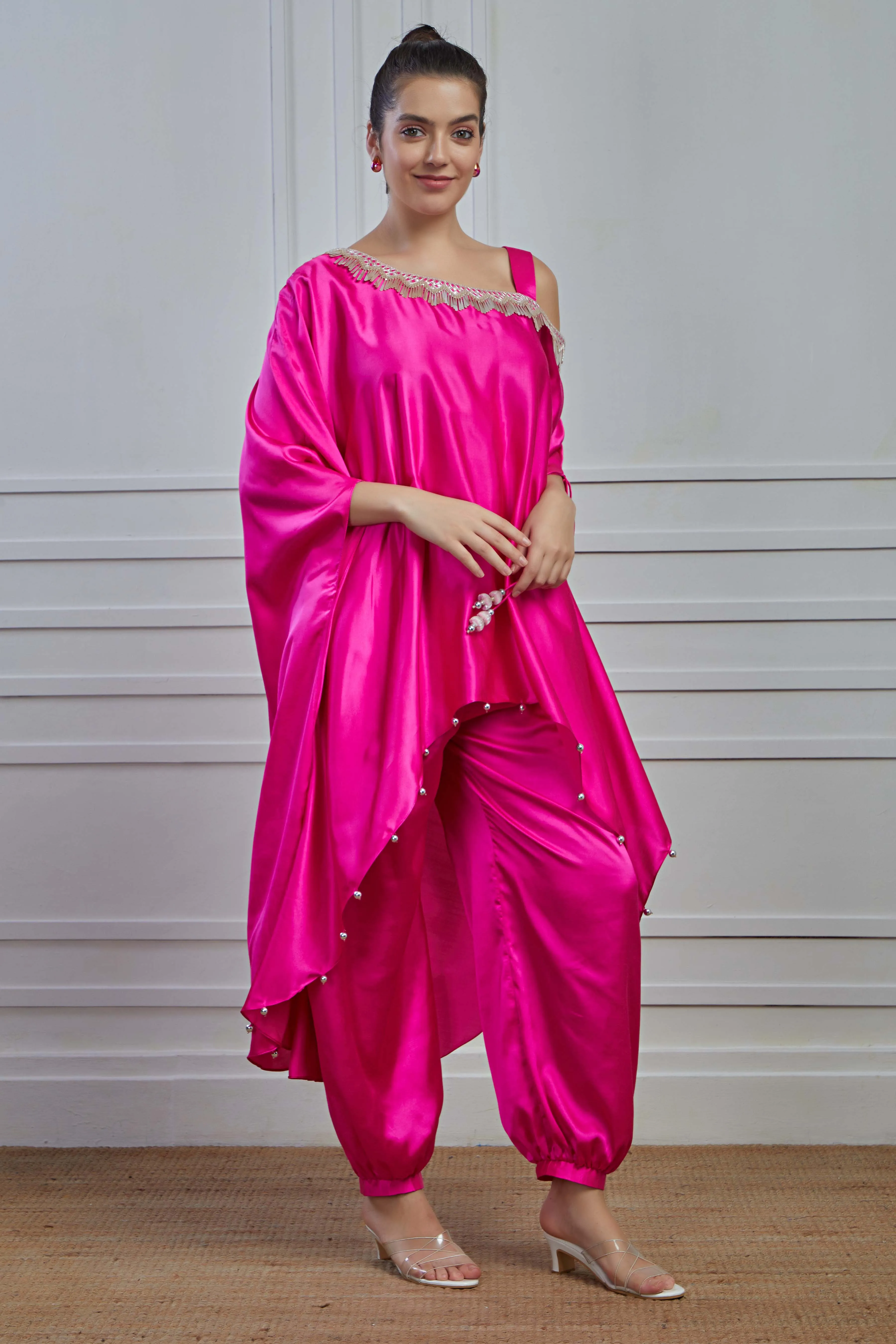 Glam Pink Embellished Satin Silk Tunic Dhoti Set