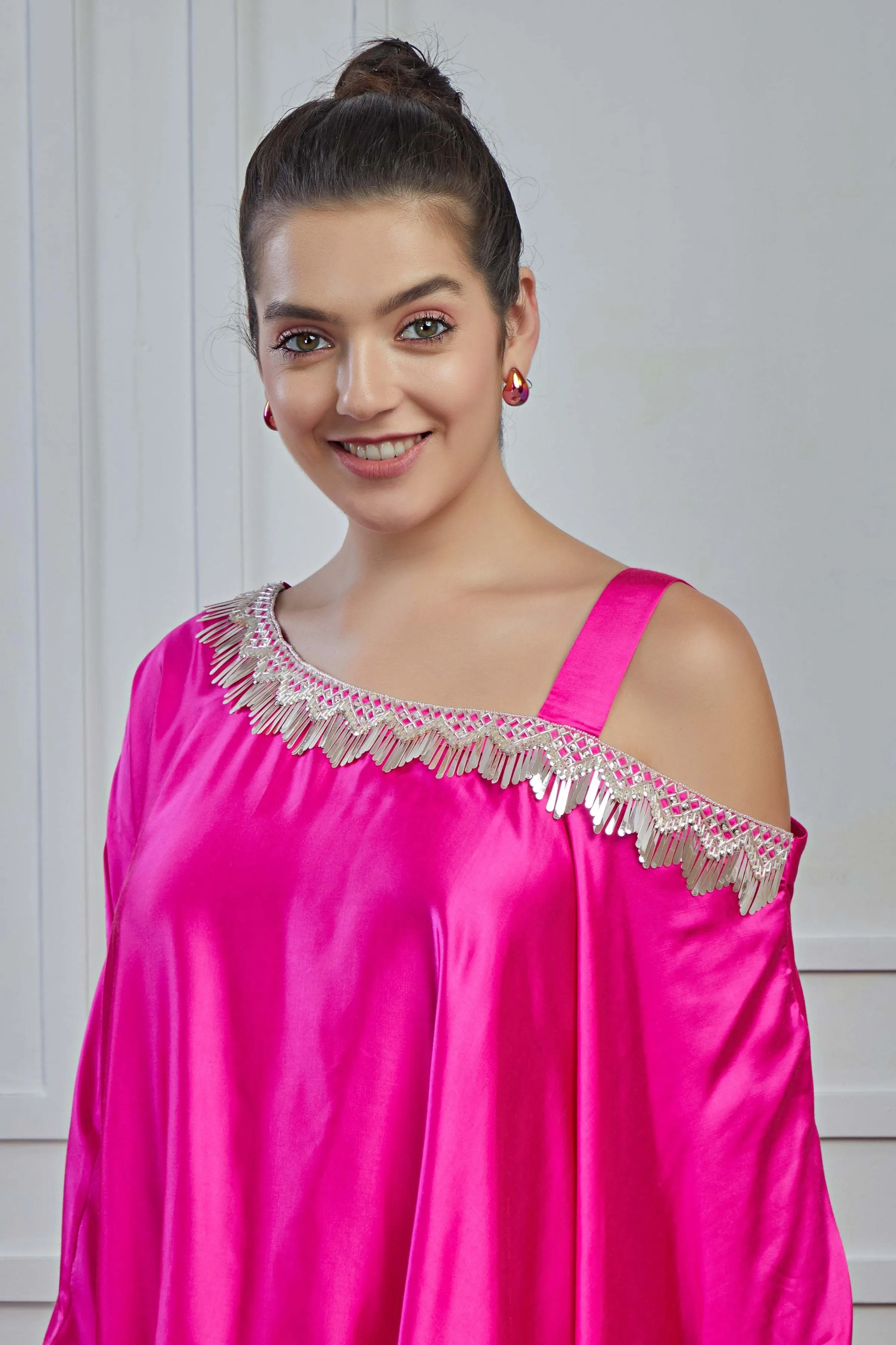 Glam Pink Embellished Satin Silk Tunic Dhoti Set