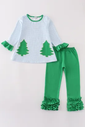 Green christmas tree applique girl pants set