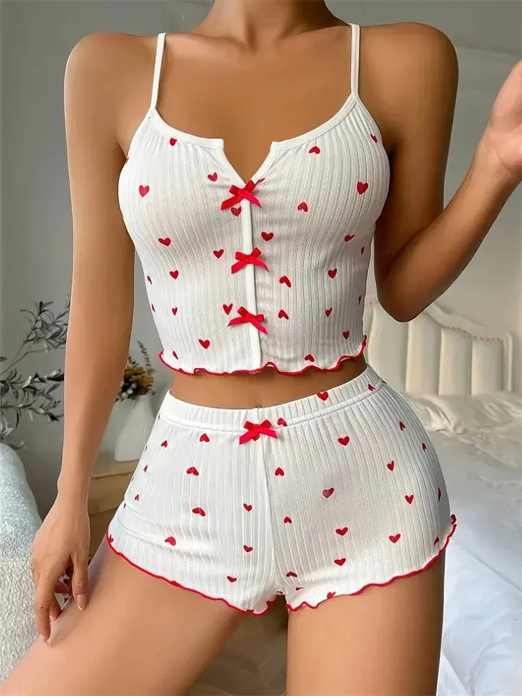 Heart Print Ribbed Pajama Set