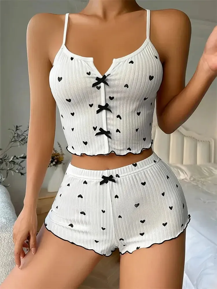 Heart Print Ribbed Pajama Set