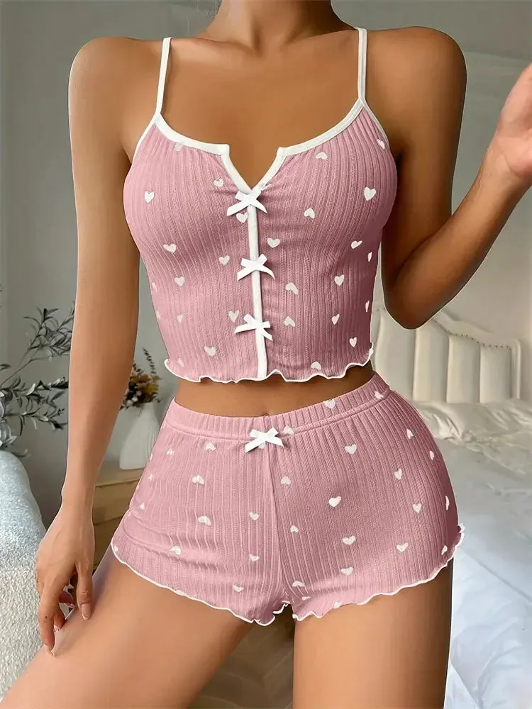 Heart Print Ribbed Pajama Set