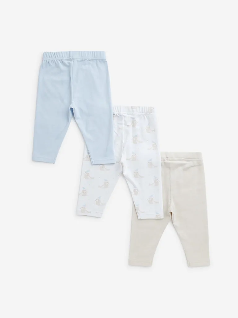 HOP Baby Light Blue Printed Cotton Pants - Pack of 3