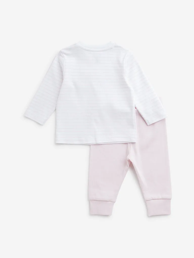 HOP Baby Light Pink Striped Cotton T-Shirt with Pants Set