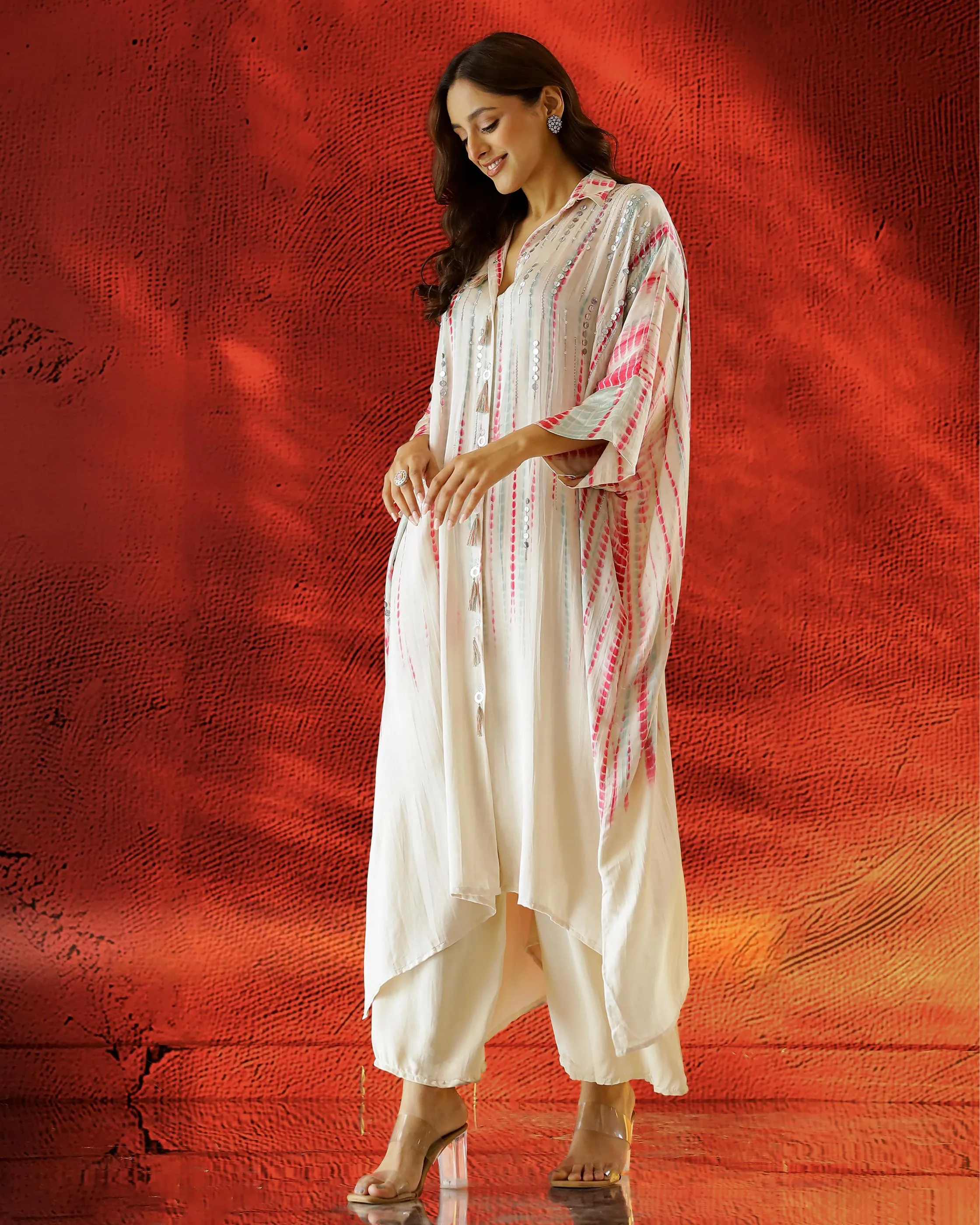 Ivory Embellished Satin Silk Kaftan Set