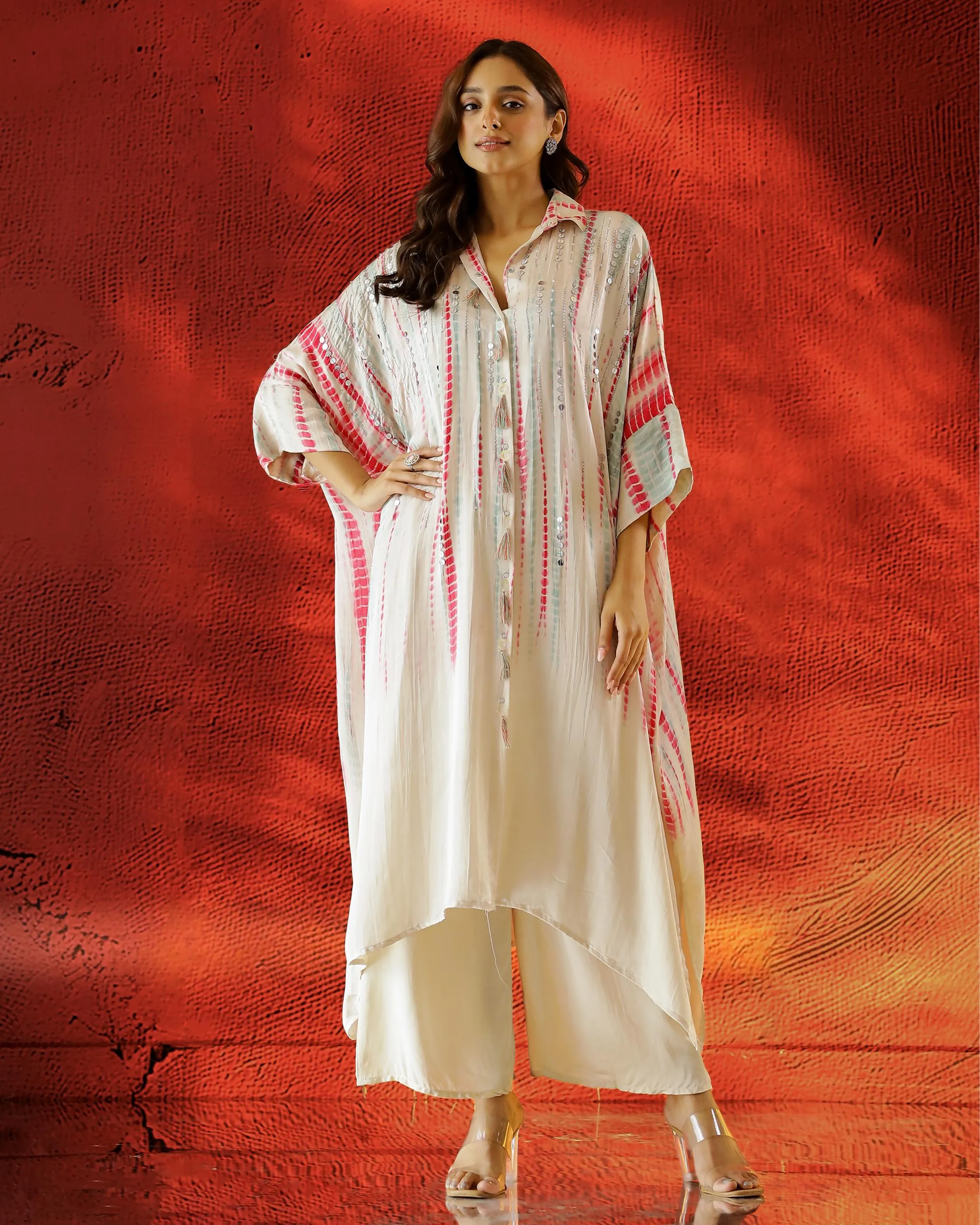 Ivory Embellished Satin Silk Kaftan Set