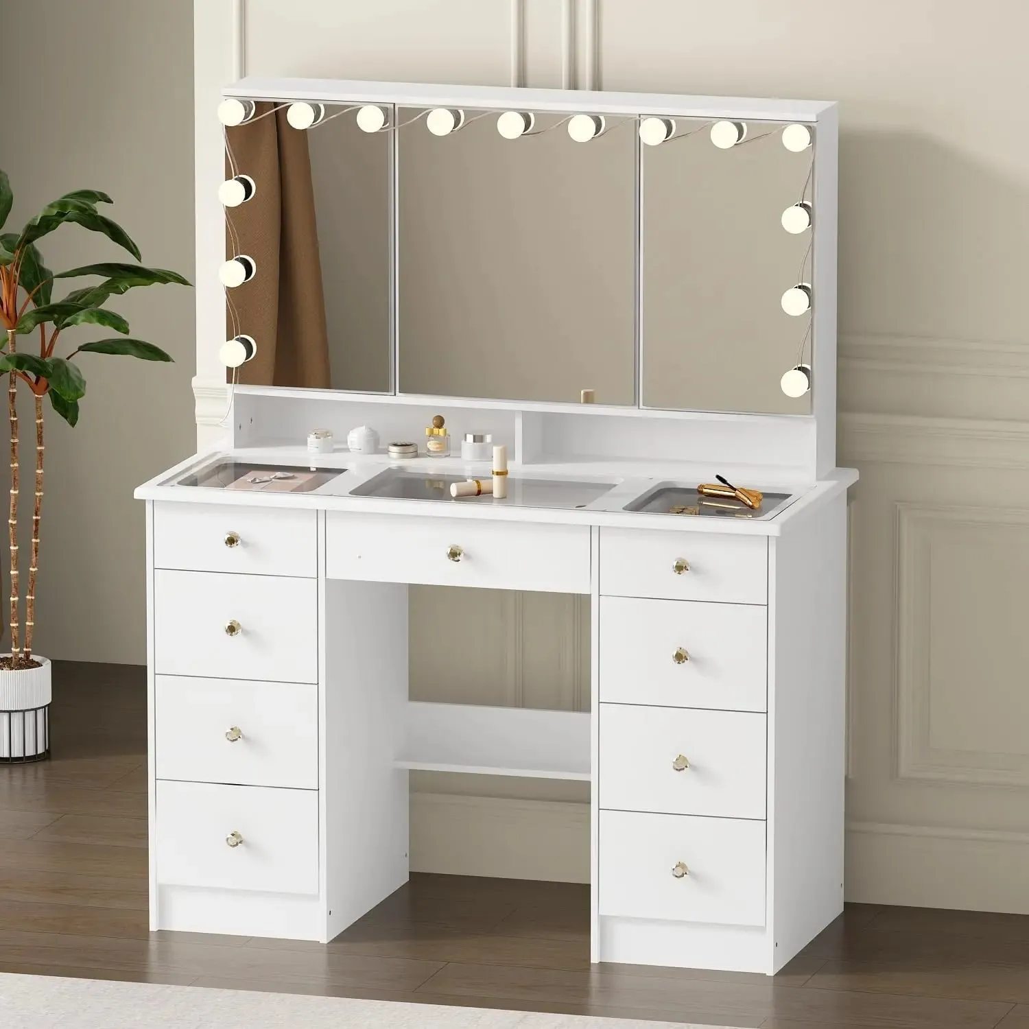 Large Vanity Desk with Mirror, Hollywood Bulbs, and 9 Drawers