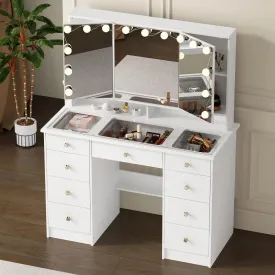 Large Vanity Desk with Mirror, Hollywood Bulbs, and 9 Drawers