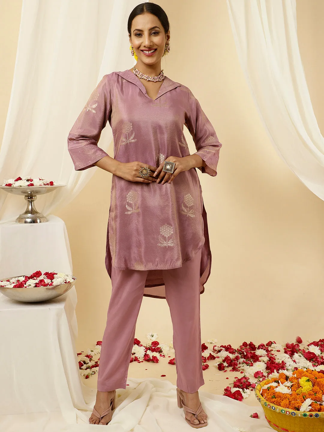 Lavender Pure Jacquard Silk Beadwork Kurta With Pants Co-ord Set