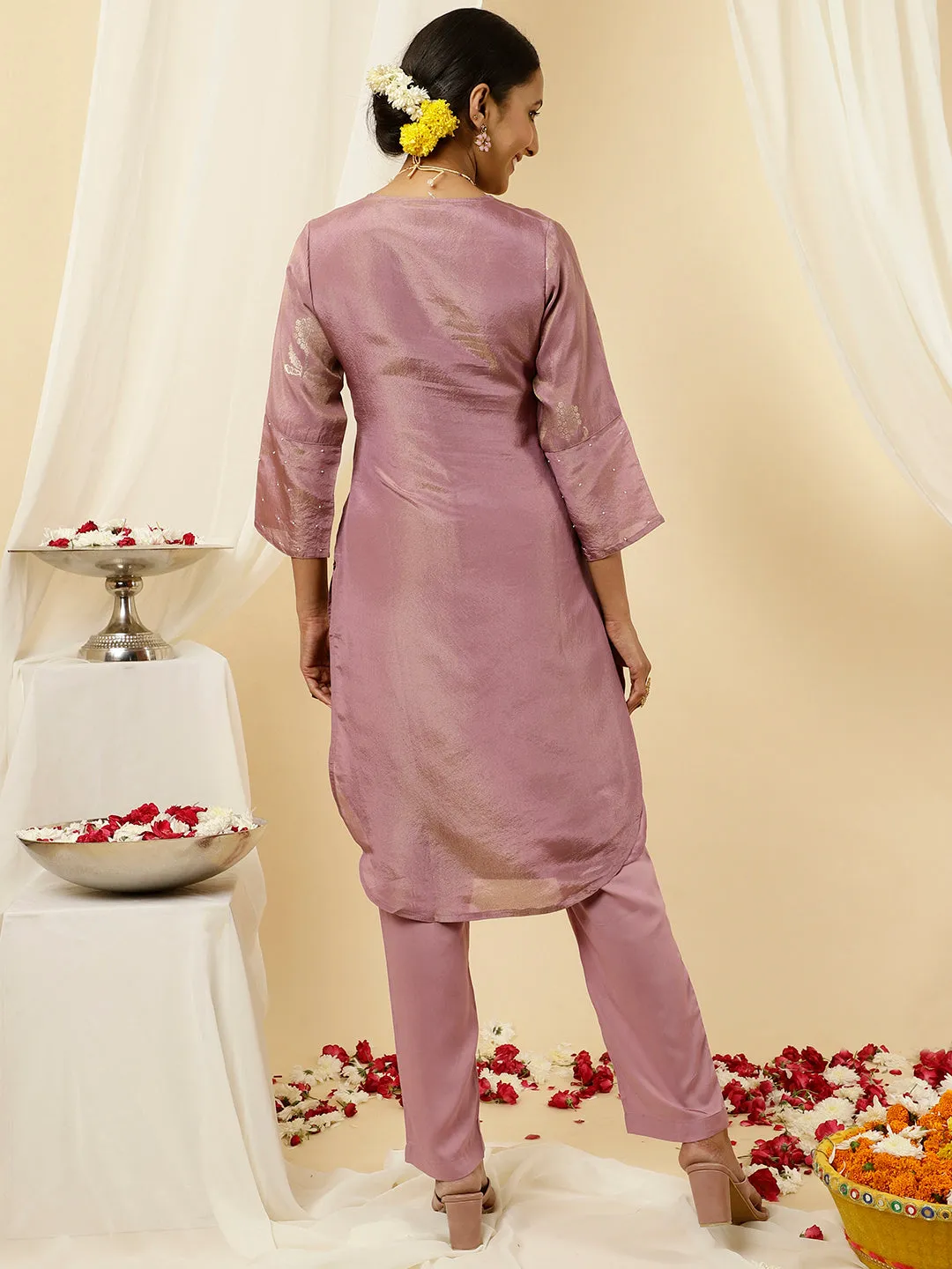 Lavender Pure Jacquard Silk Beadwork Kurta With Pants Co-ord Set