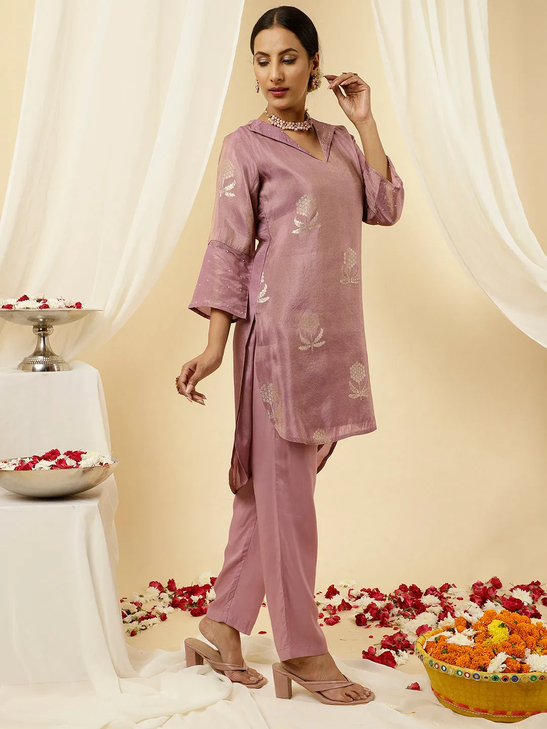 Lavender Pure Jacquard Silk Beadwork Kurta With Pants Co-ord Set