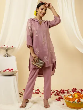 Lavender Pure Jacquard Silk Beadwork Kurta With Pants Co-ord Set