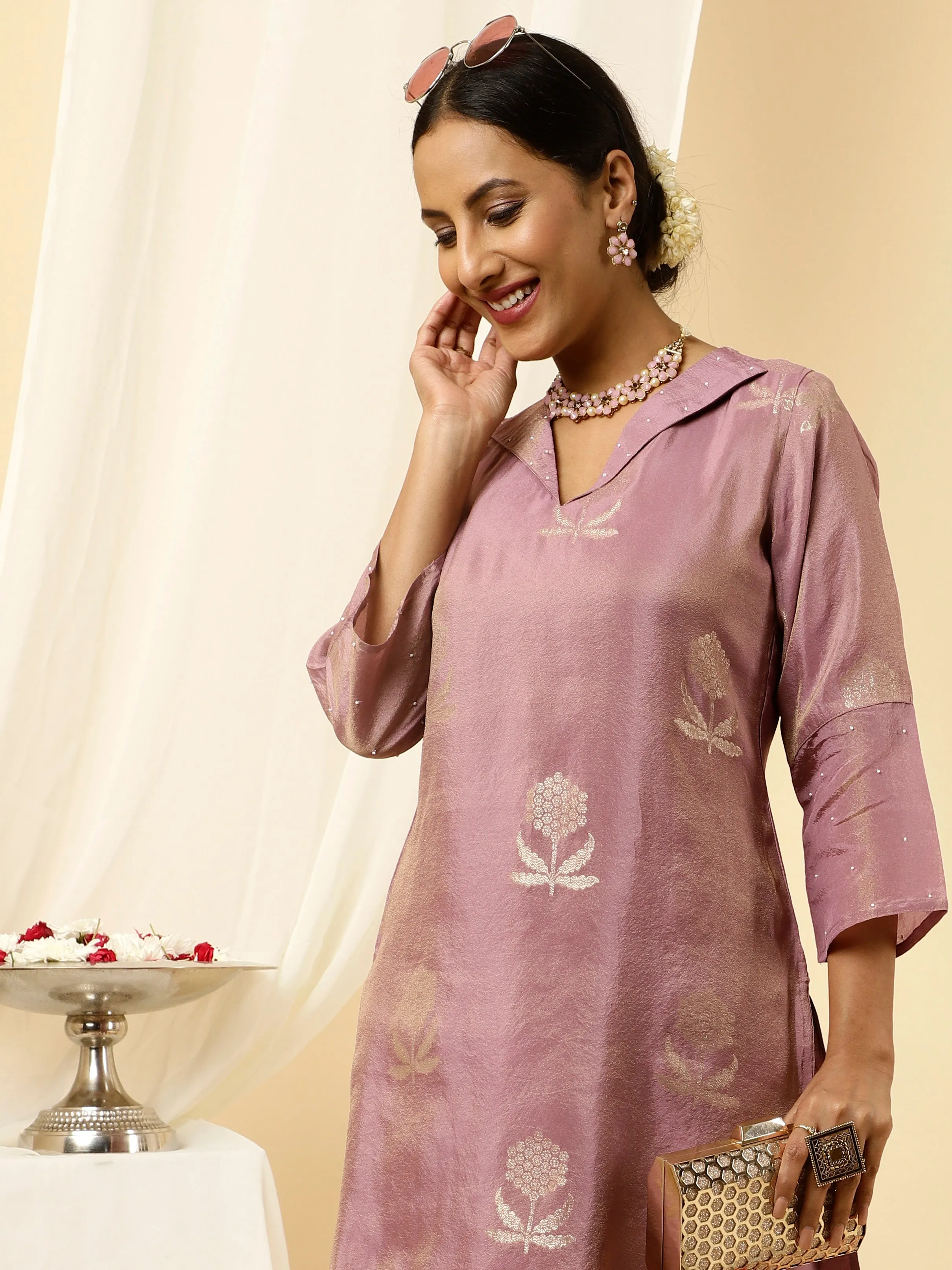 Lavender Pure Jacquard Silk Beadwork Kurta With Pants Co-ord Set