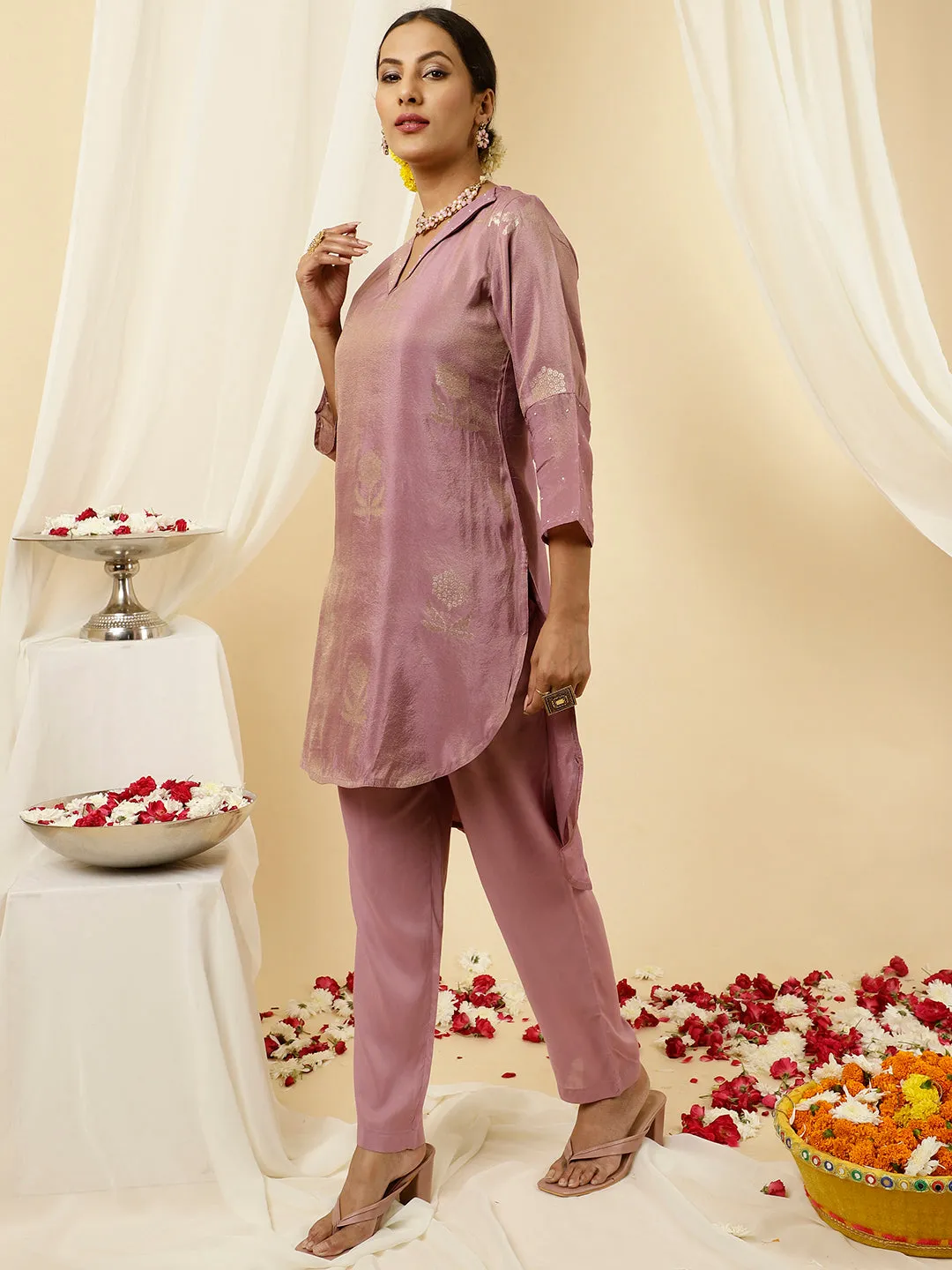 Lavender Pure Jacquard Silk Beadwork Kurta With Pants Co-ord Set