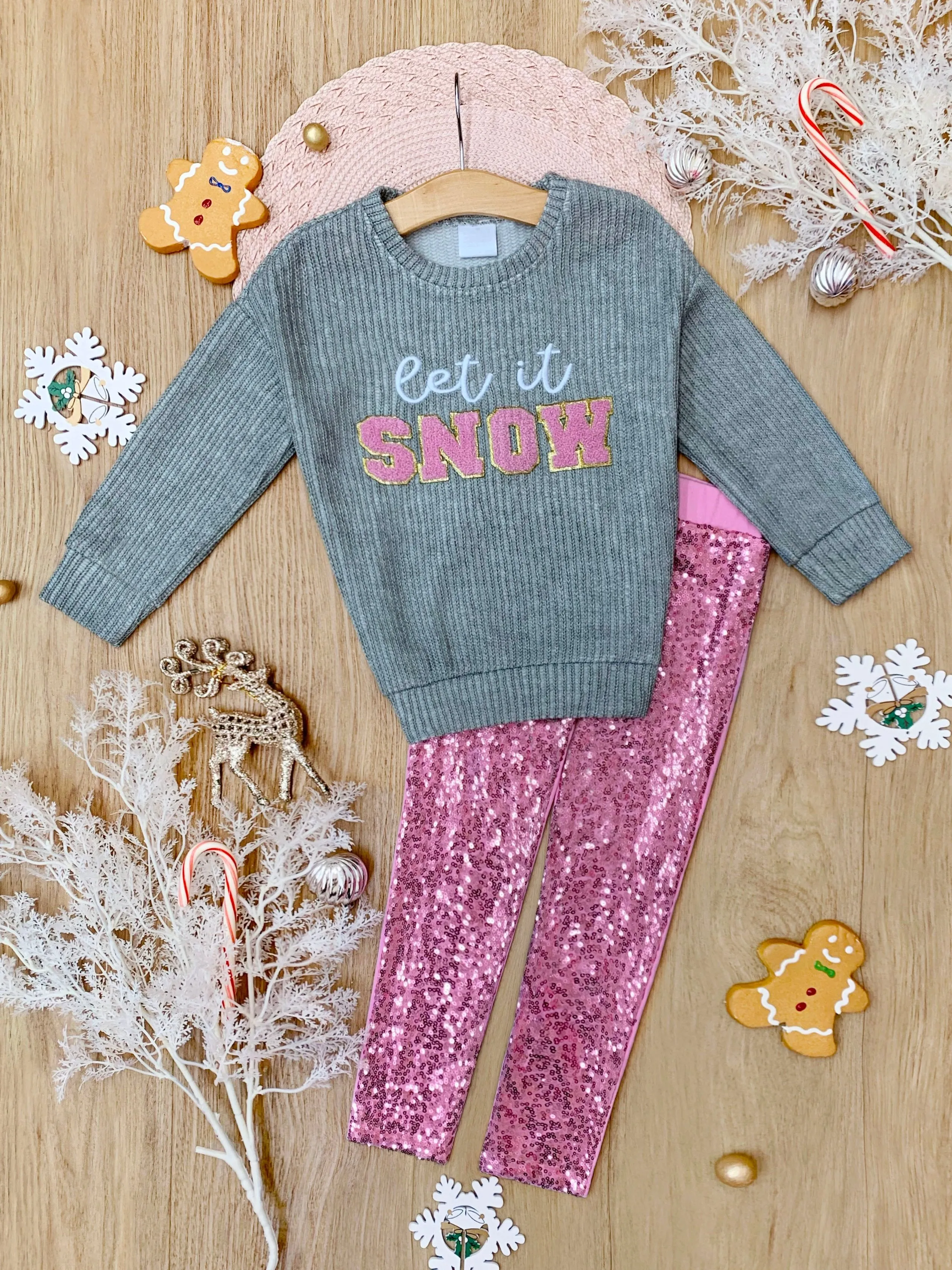 Let It Snow Sweater and Pink Dazzling Sequin Legging Set