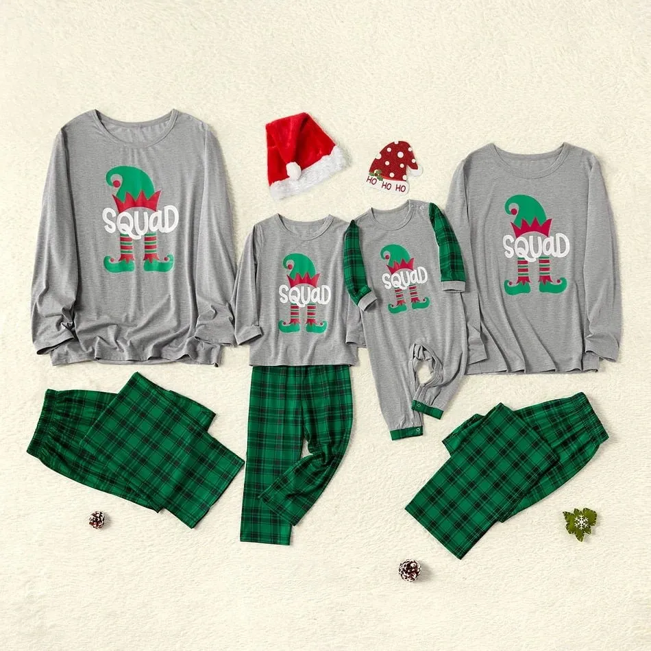 Matching Family Pajamas Sets Green Squad Print Plaid Sleepwear Set Christmas