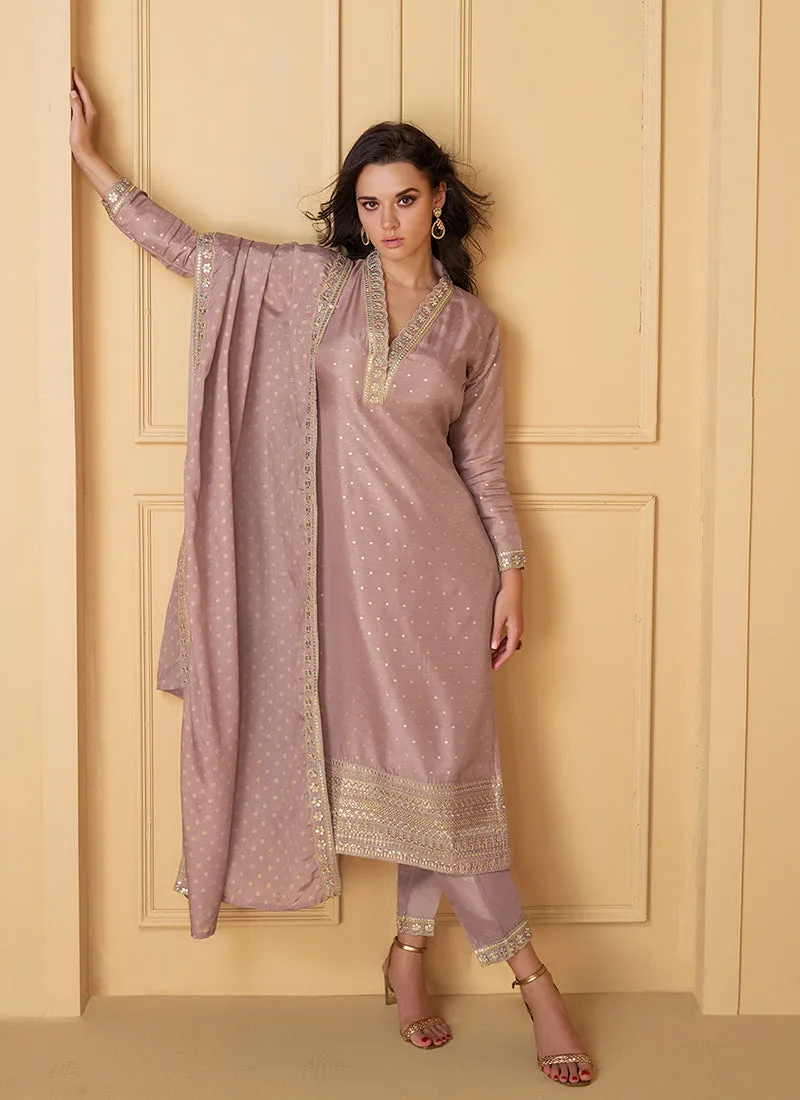 Mauve Purple Traditional Embroidery Silk Salwar Kameez Suit