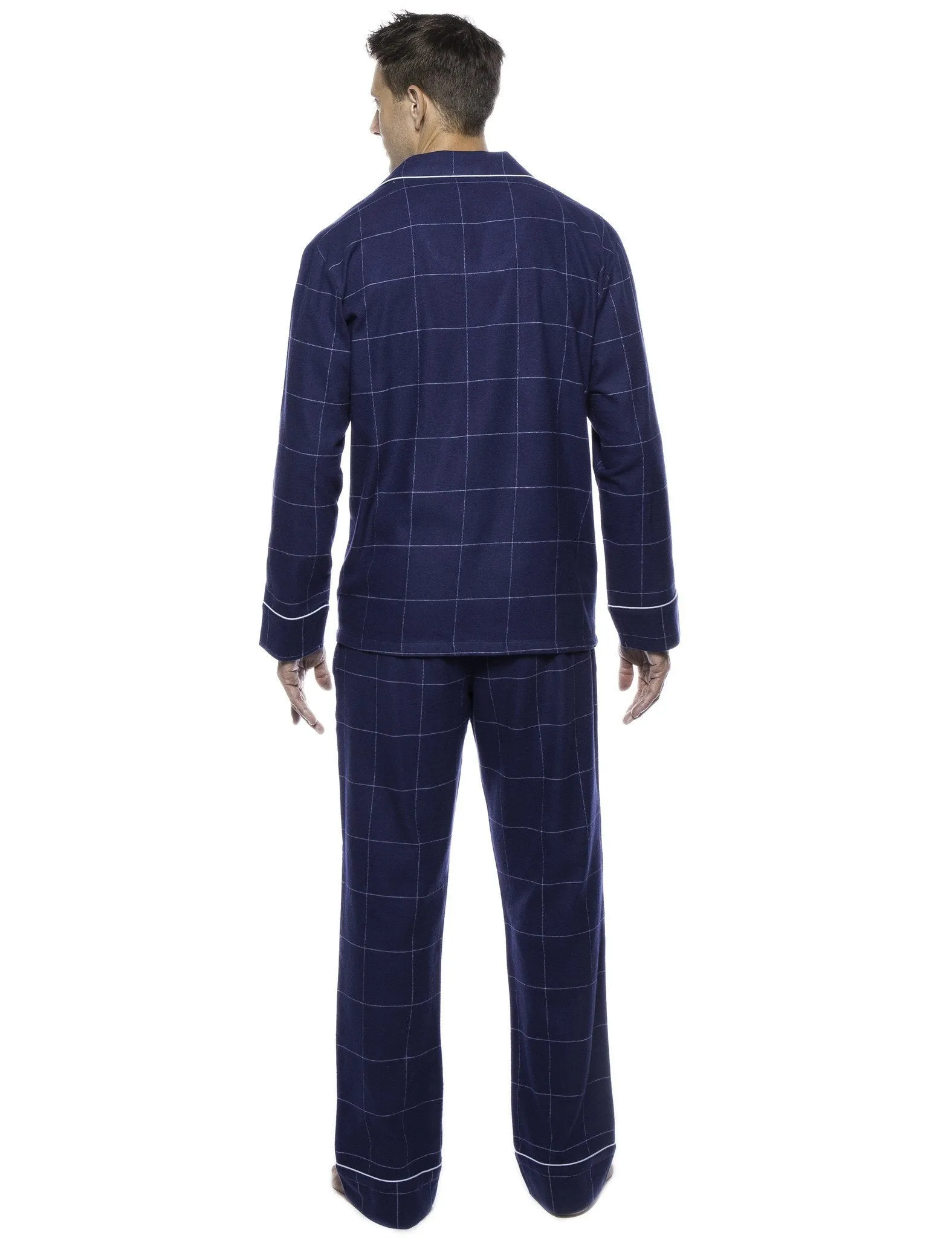 Men's Premium 100% Cotton Flannel Pajama Sleepwear Set - Windowpane Checks Dark Blue