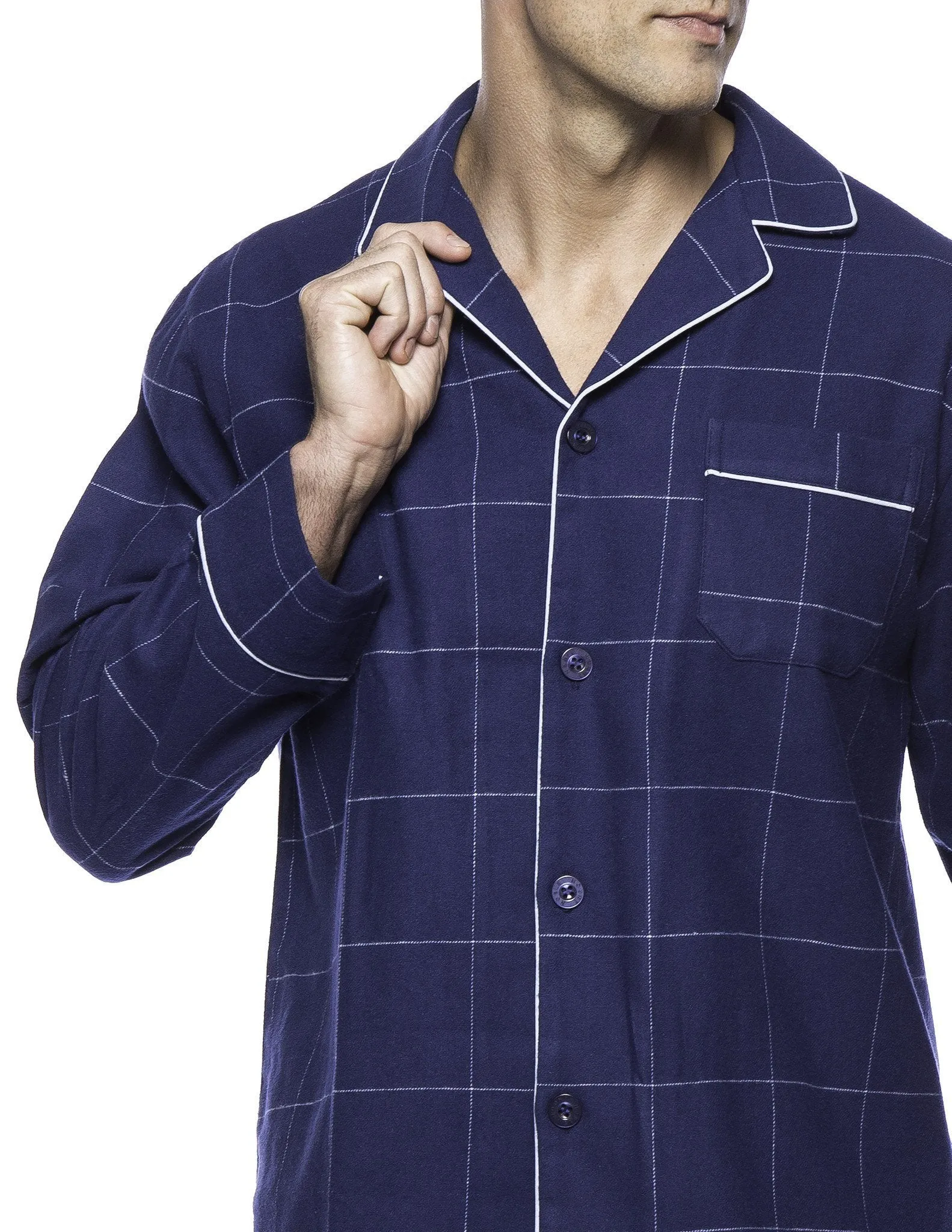 Men's Premium 100% Cotton Flannel Pajama Sleepwear Set - Windowpane Checks Dark Blue