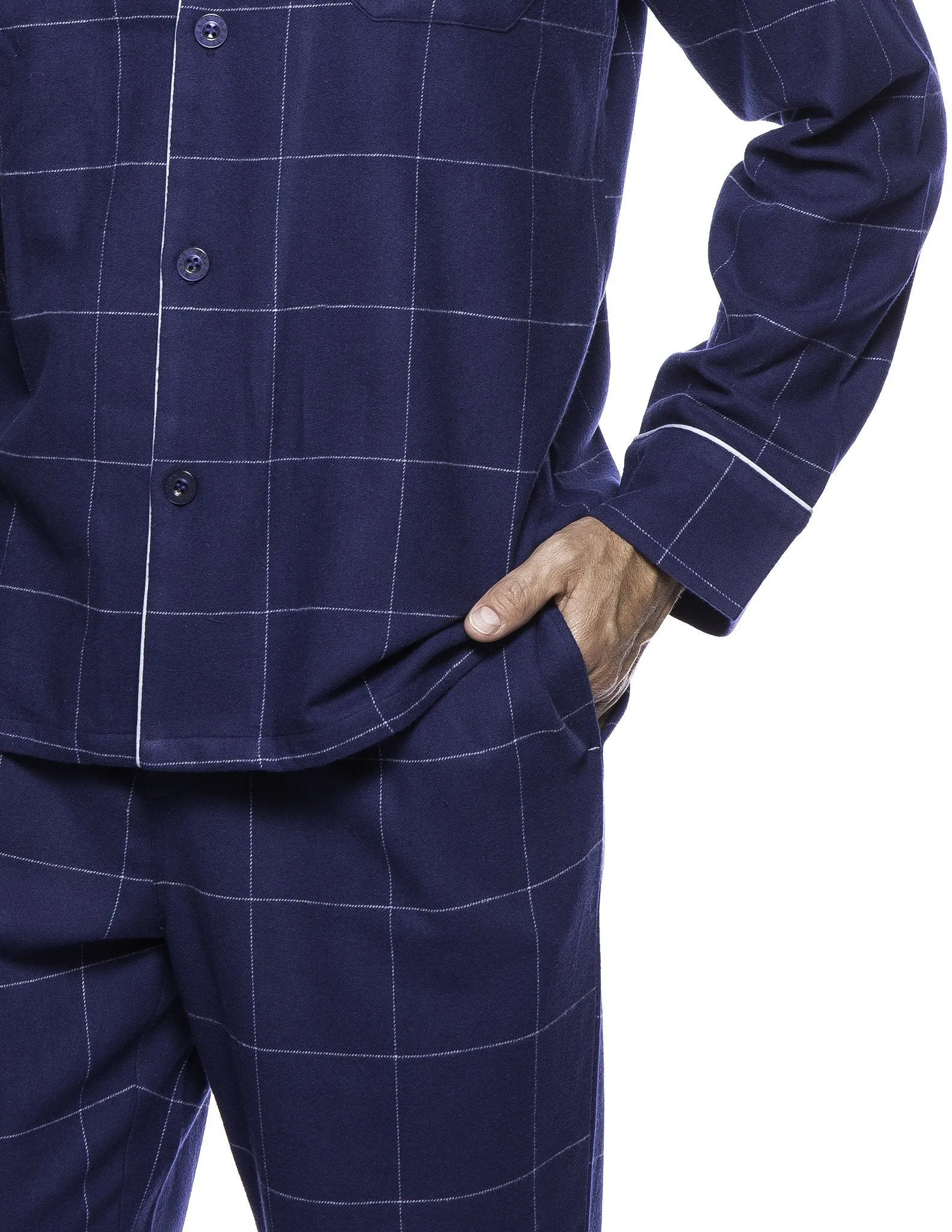 Men's Premium 100% Cotton Flannel Pajama Sleepwear Set - Windowpane Checks Dark Blue