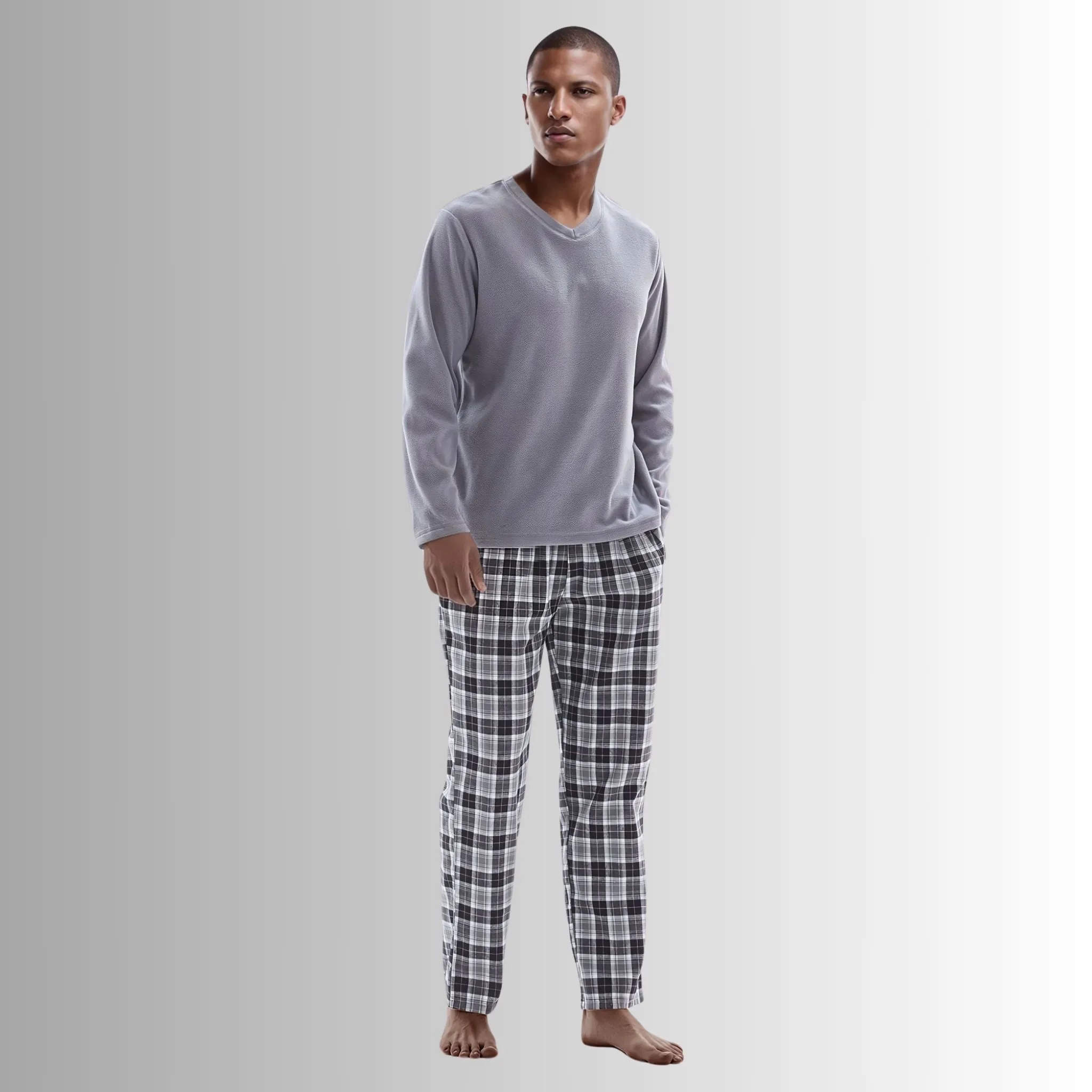 Men's Pyjama Sets Fleece Top, Cotton Bottoms, Grey Black