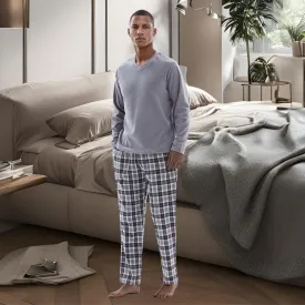 Men's Pyjama Sets Fleece Top, Cotton Bottoms, Grey Black