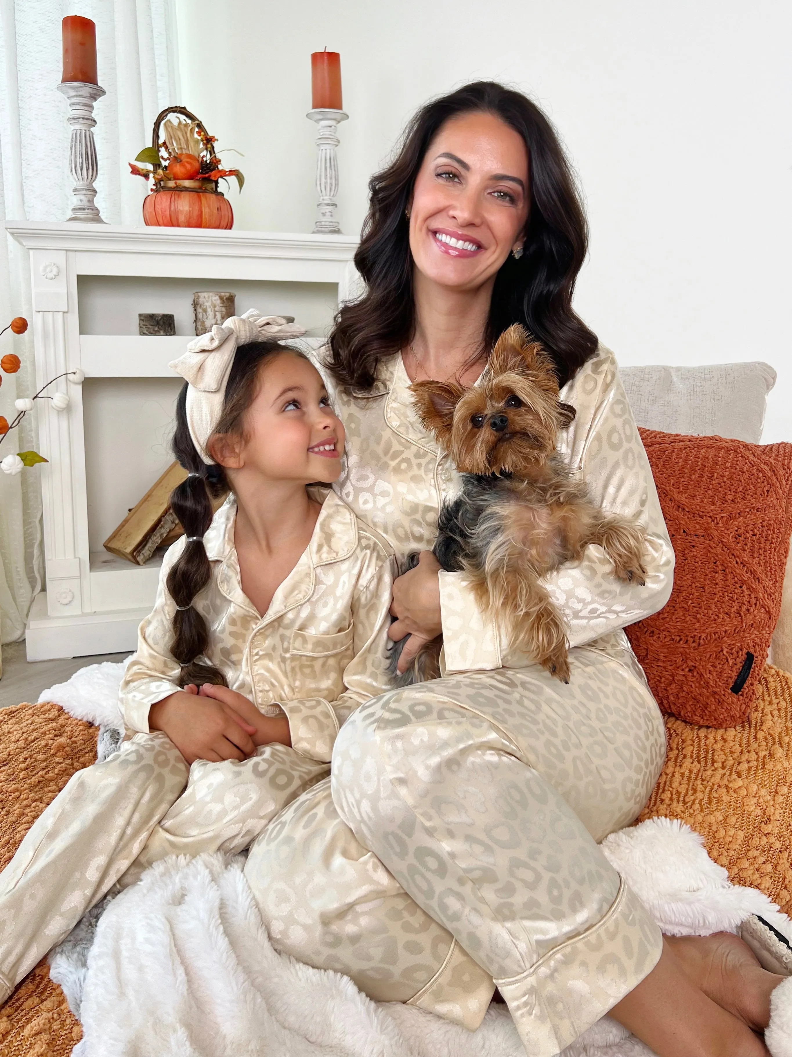 Mommy and Me Cream Leopard Print Silk Pajama Set