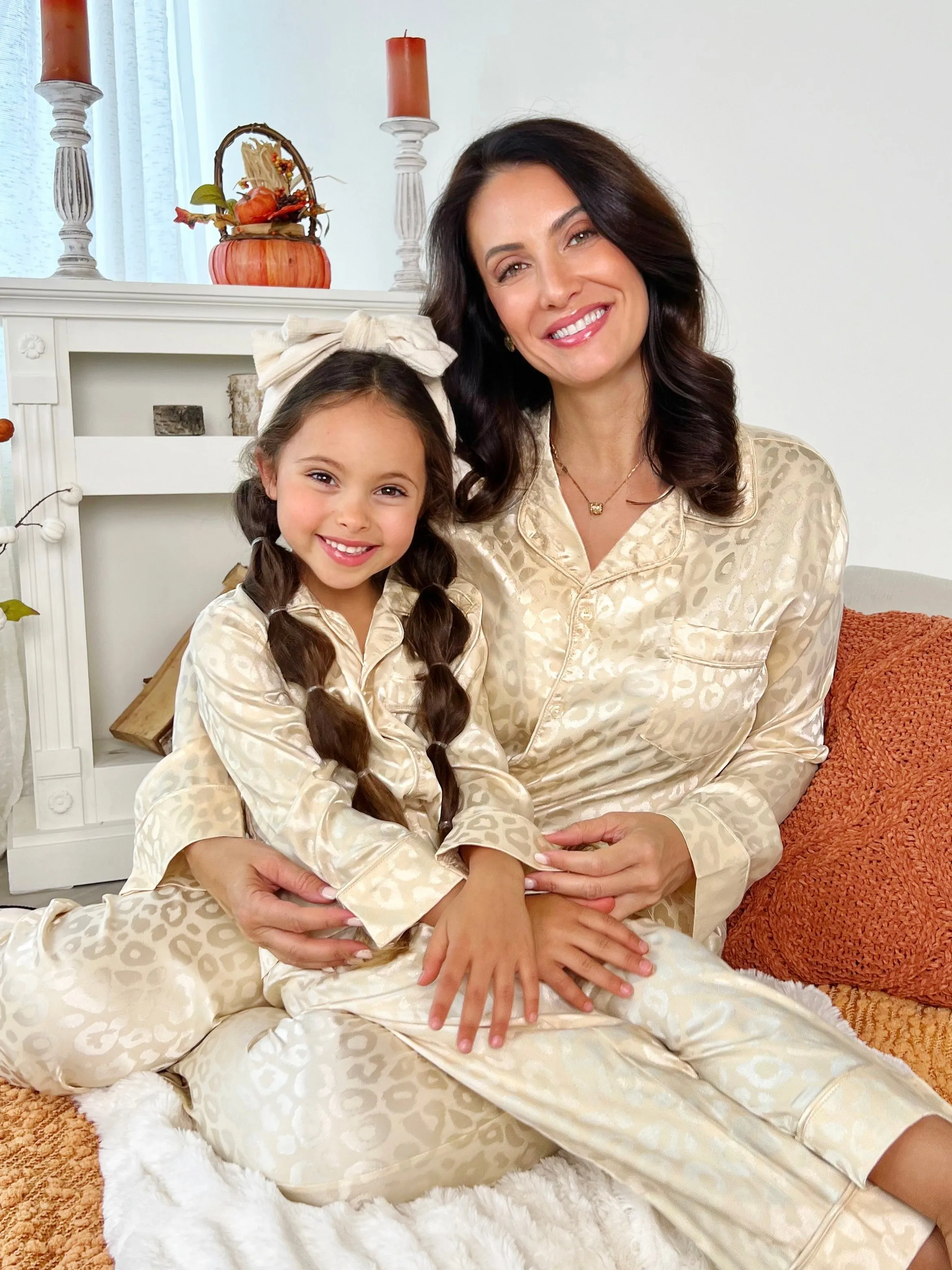 Mommy and Me Cream Leopard Print Silk Pajama Set