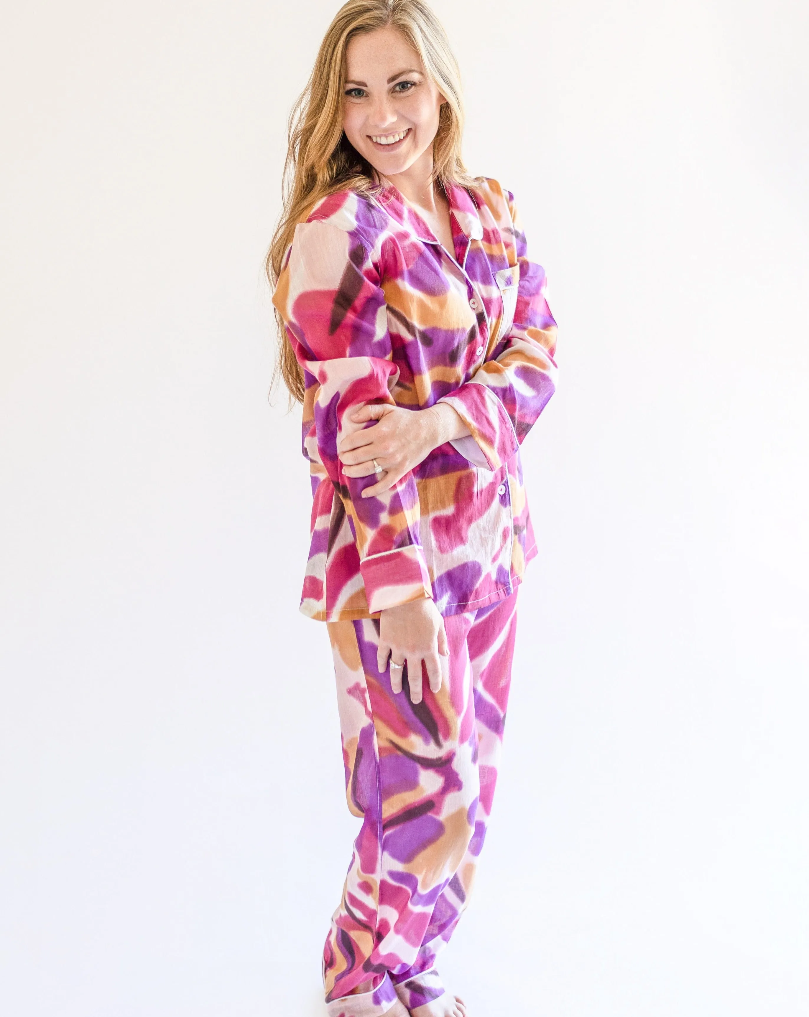 Myra Peri Tie-Dye Print Women's Nightwear Long Sleeve Shirt & Pajama Set