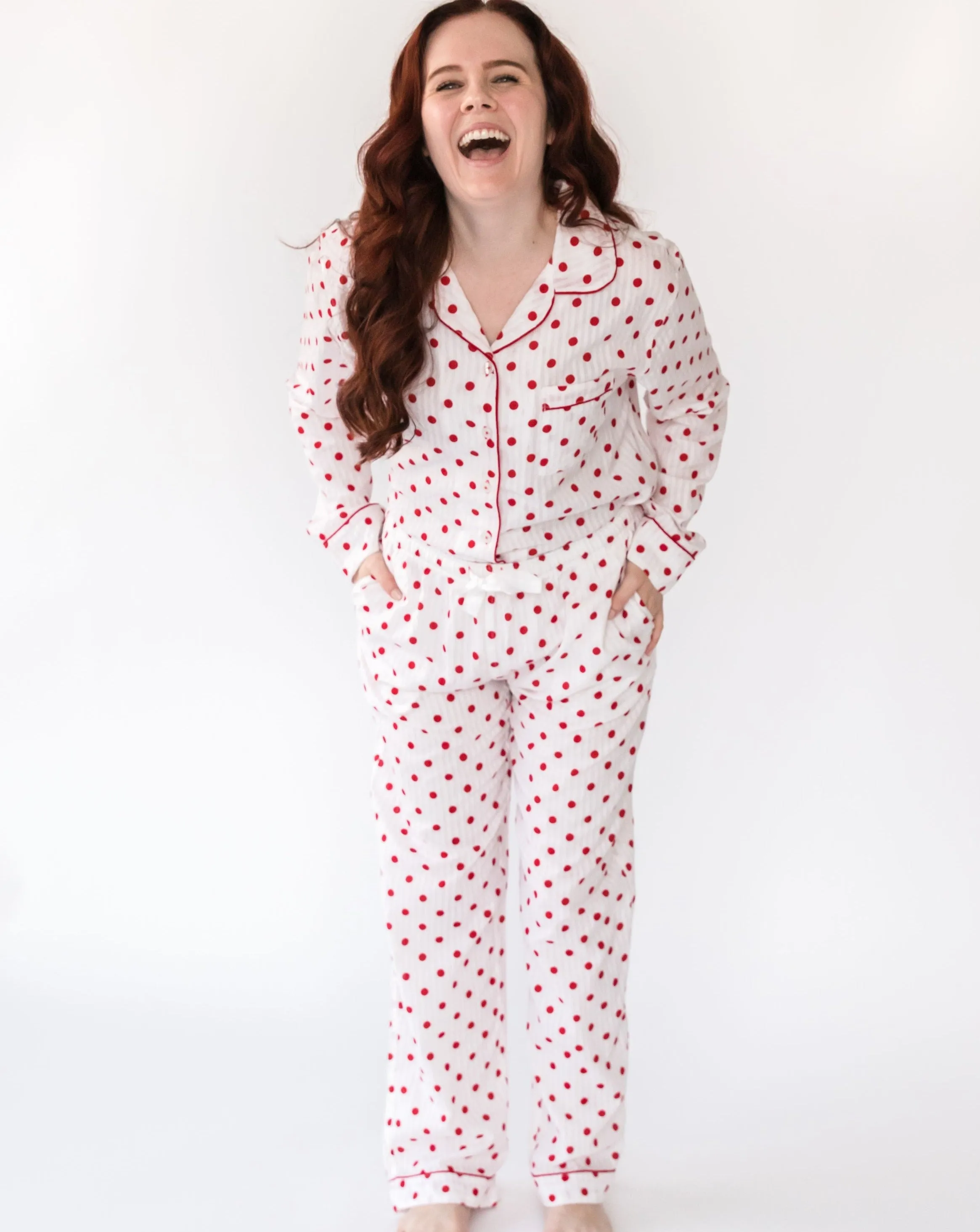 Myra Seersucker Dots Women's Long Sleeve Shirt & Pajama Set