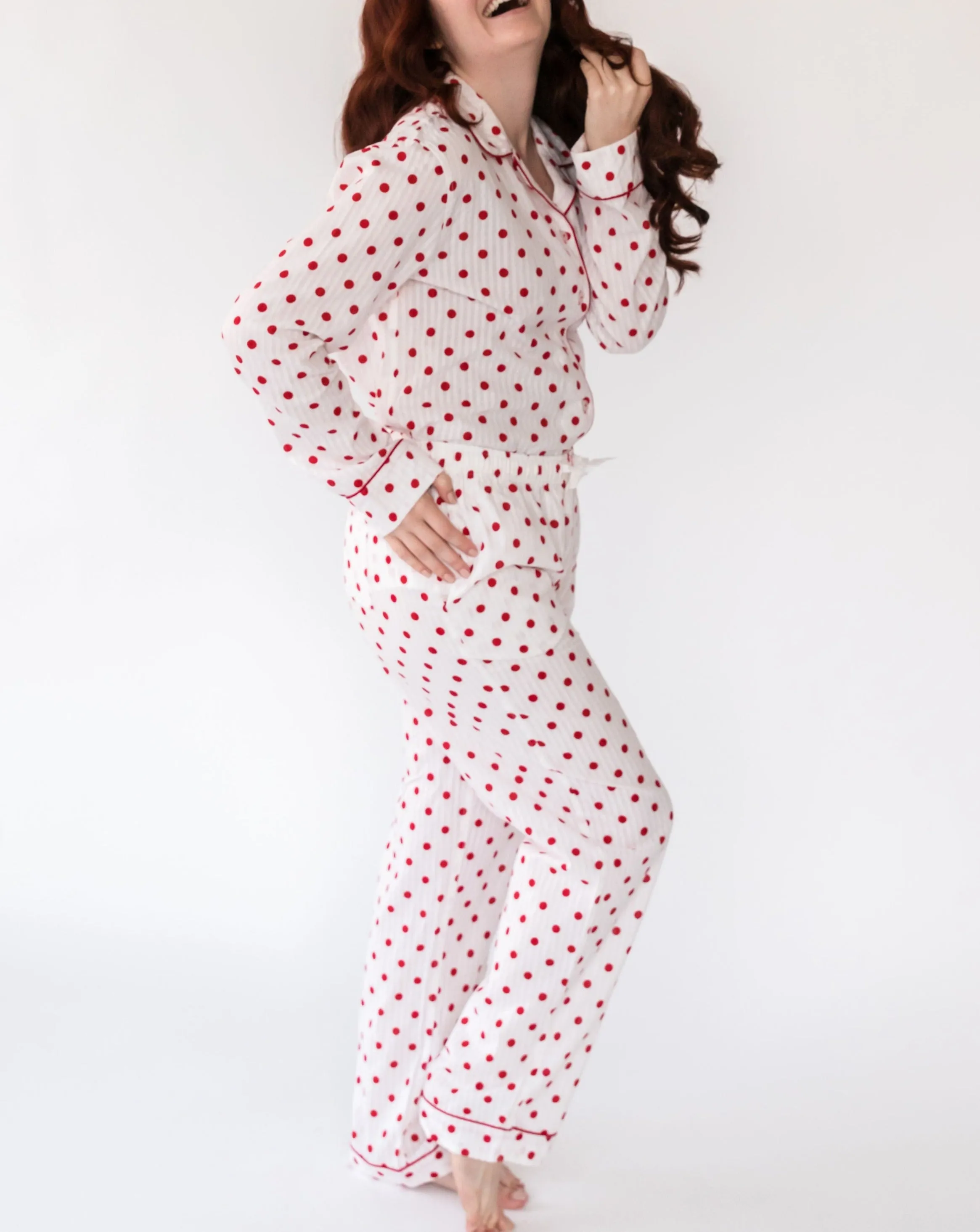 Myra Seersucker Dots Women's Long Sleeve Shirt & Pajama Set