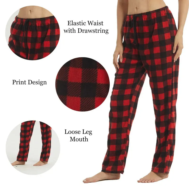 Pajama Pants for Women Fuzzy Pack Long Fleece Buffalo Plaid Pj Bottoms Soft Drawstring Lounge Sleepwear