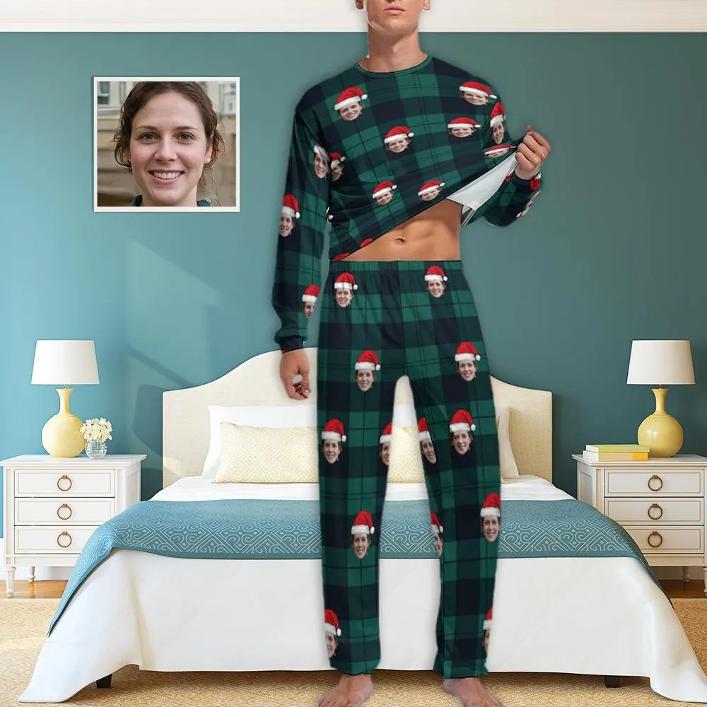 Personalized Christmas Pajamas Custom Face Black Grey Stripes Men's All Over Print Pajama Set