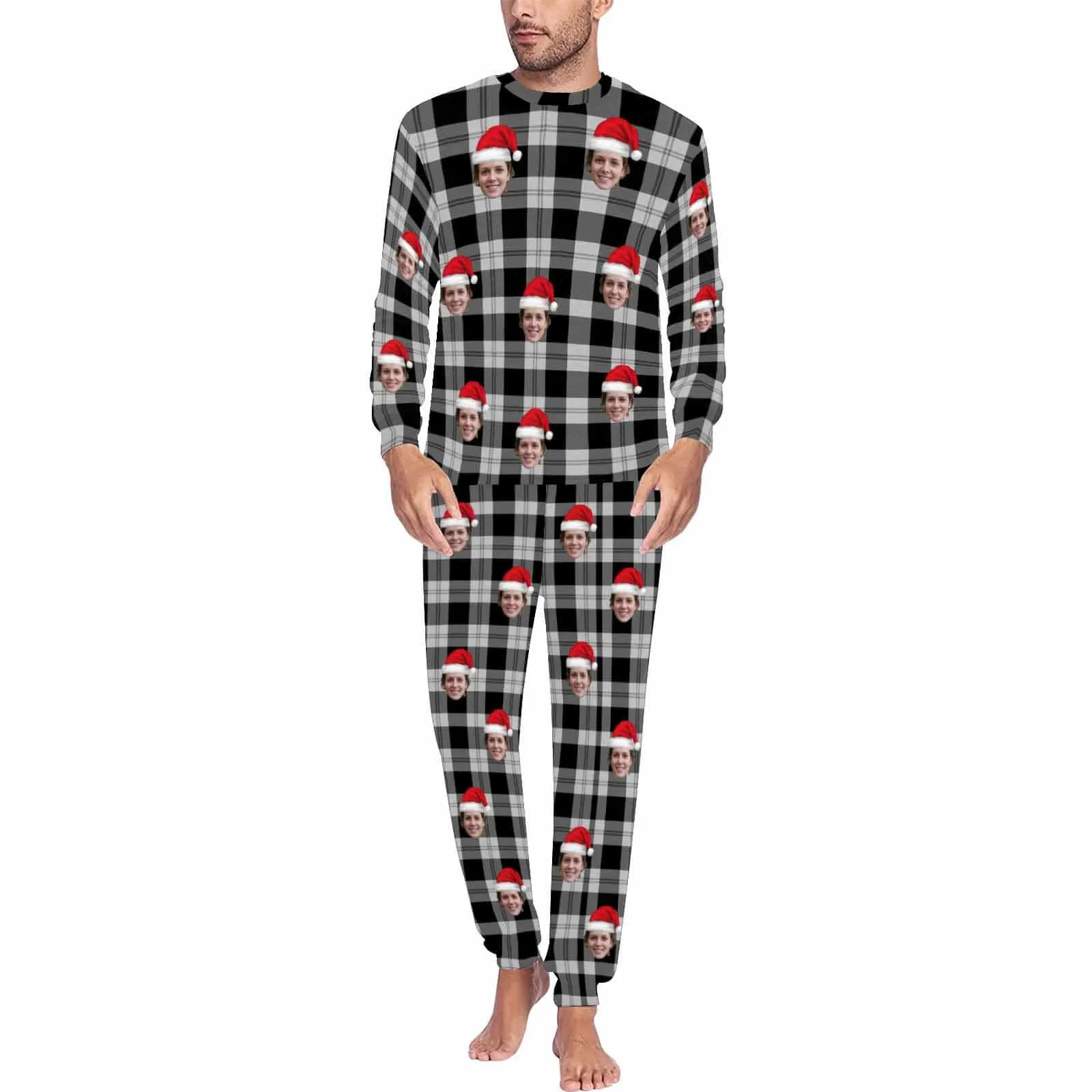 Personalized Christmas Pajamas Custom Face Black Grey Stripes Men's All Over Print Pajama Set